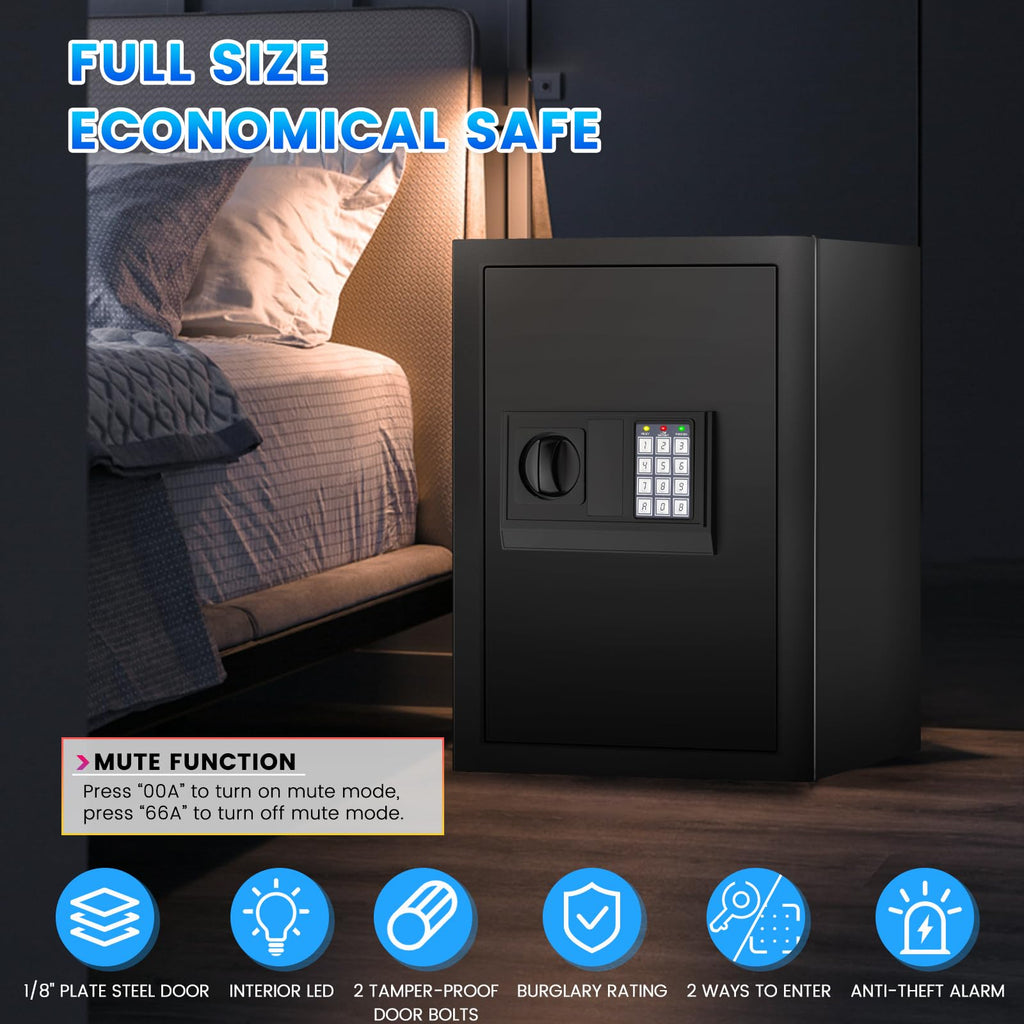 Home Safe Box, Safes with Fireproof Waterproof Bag, 9.84'' H Anti-Theft Digital Security Lock Box with Smart Alert System, Removable Shelf, Mute Function, Document Safes for Jewelry
