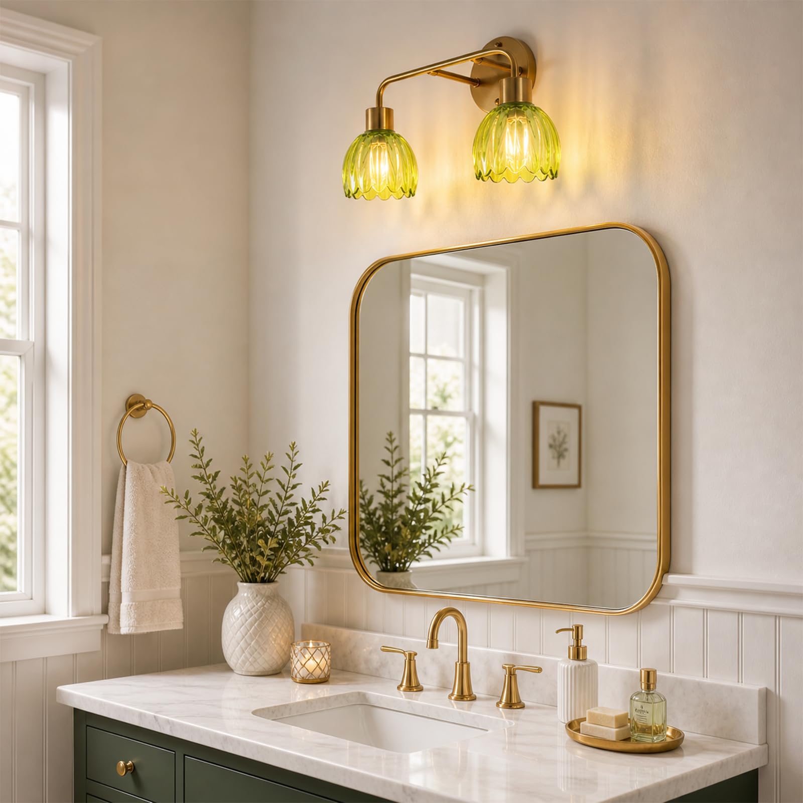 1-Light Gold Brass Bathroom Light Fixture,Wall Sconces set of 2,Brushed Gold Vanlity Light Over Mirror,Bathroom Vanity Light with White Tulip Glass Flower Shade,E26 Socket(Bulbs Not Included)