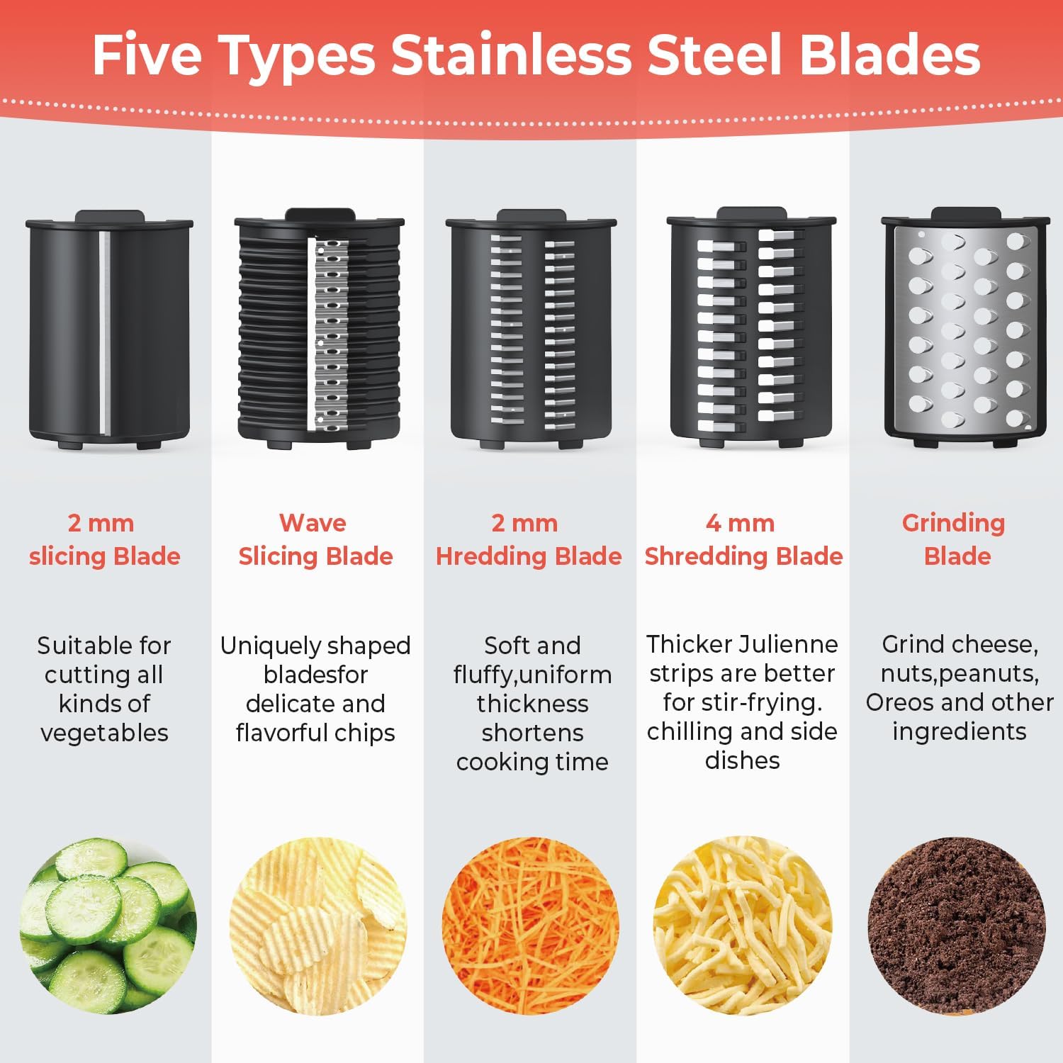 Electric Cheese Grater, Salad Maker with 5 Replaceable Multi-use Blades, 250W Electric Cheese Shredder, One-Touch Kitchen Slicer Salad Machine for Vegetables, Fruits, Cheeses, Nuts