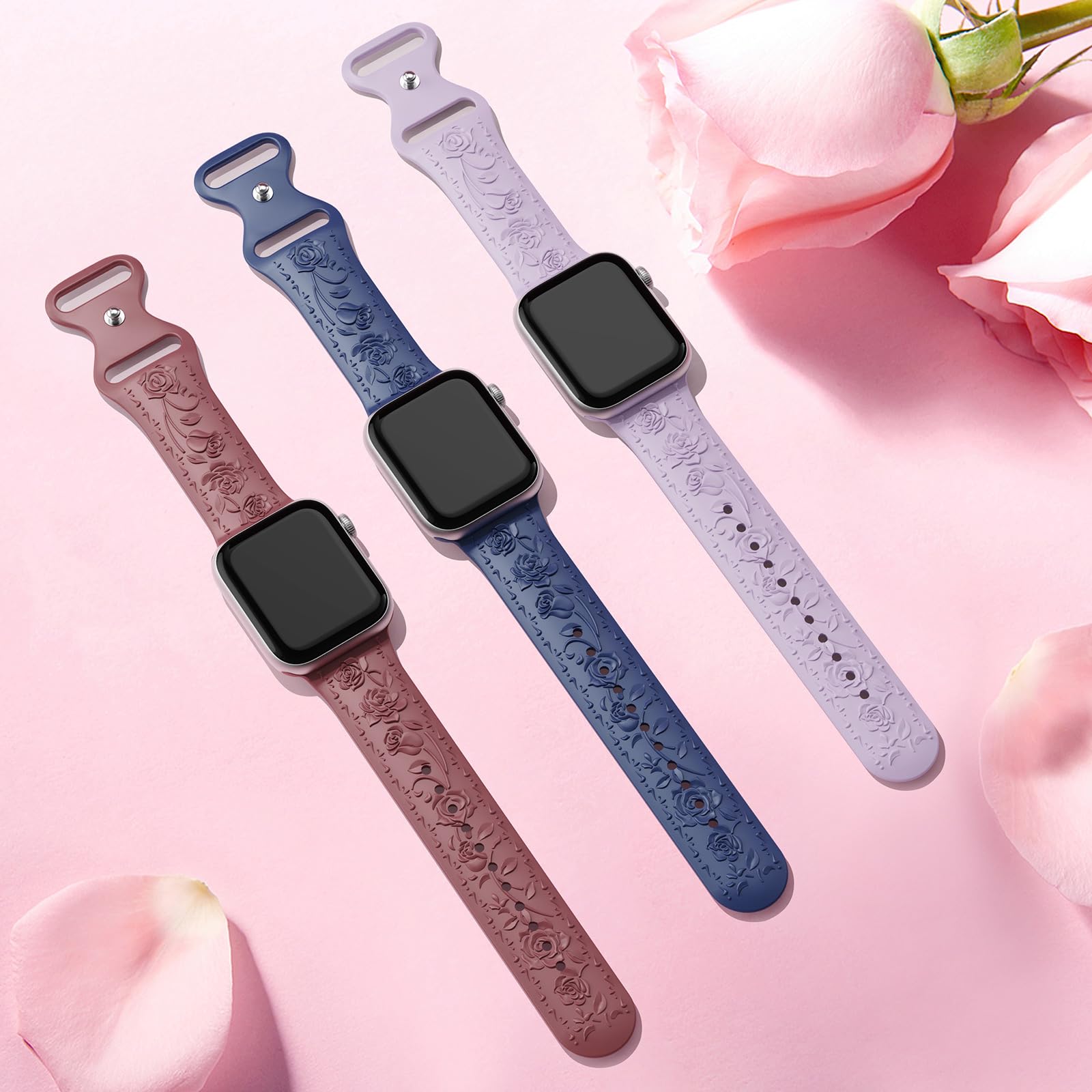 Floral Engraved Band Compatible with Apple Watch Band 40mm 41mm 38mm 42mm 44mm 45mm 46mm 49mm Women, Soft Silicone Cute Embossed Flower Strap for iWatch Band Series SE Ultra 11 10 9 8 7 6 5 4 3 2 1