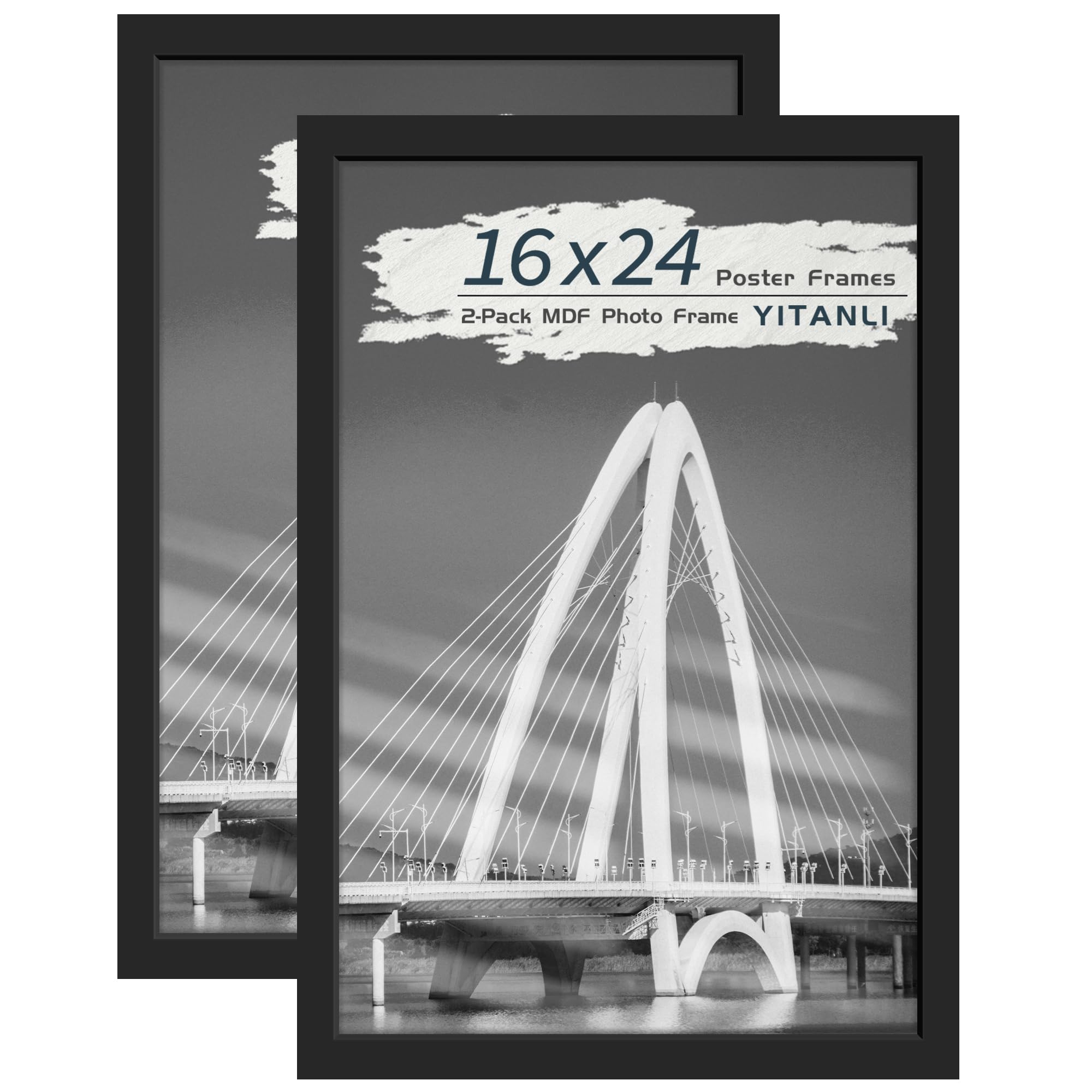 16x24 Black Frame 2 Pack, Engineered Wood for 24 x 16 in Poster | Horizontal or Vertical Wall Mounting, 24x16 Poster Frames for Gallery, Office, and Home Decor