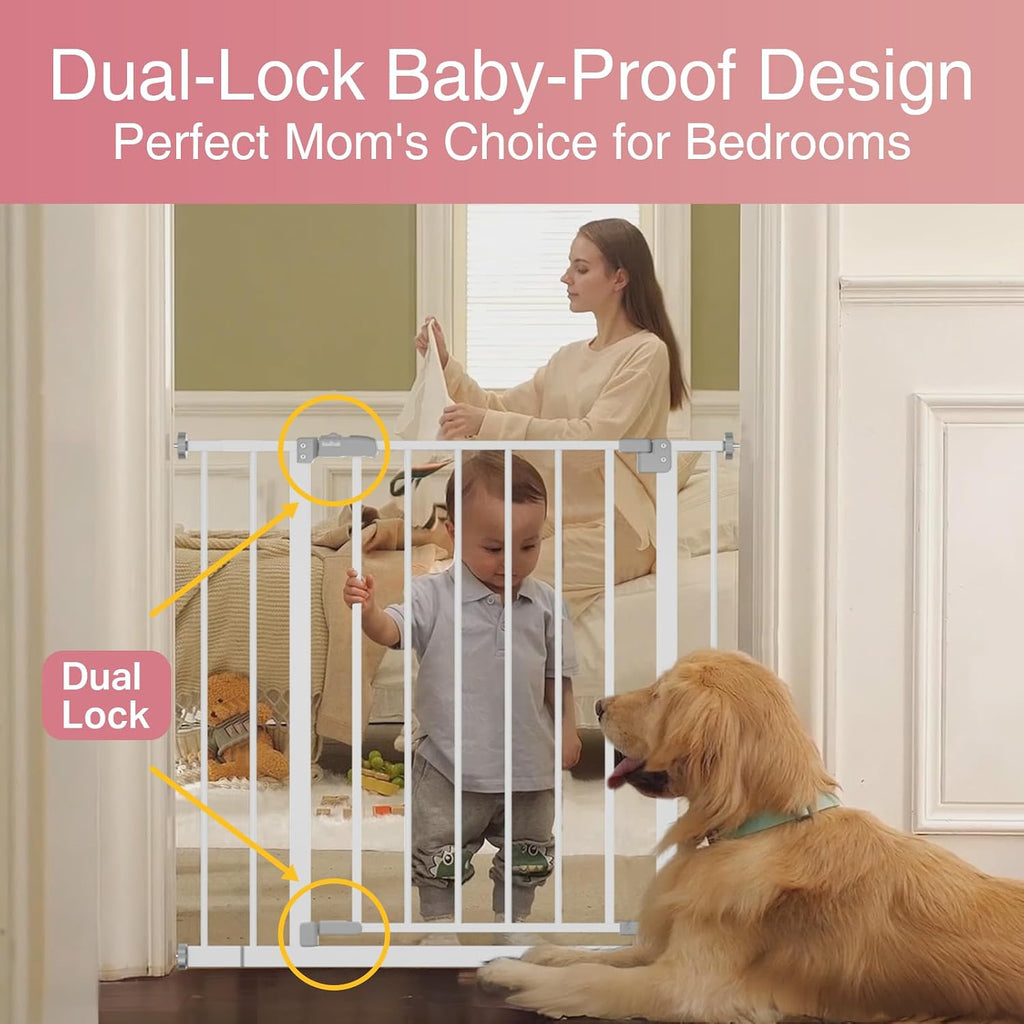 InnoTruth Baby Gate for Stairs 28.9-42.1" Wide, 30" Tall Easy Step Walk Through Expandable Dual Lock Dog Gates for the House, Metal Pressure Mounted Easy Install Pet Gate for Dogs, White