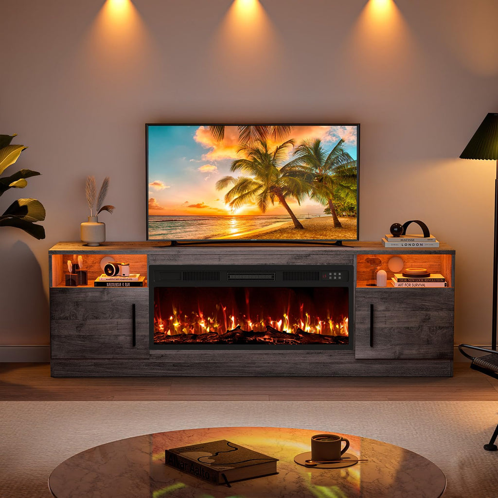 VITESSE 58 Inches Fireplace TV Stand for TVs up to 65 Inches Console with 18'' Electric Fireplace & Remote,Wooden Modern Entertainment Center for Living Room with LED Light Glass Shelves（Bei）