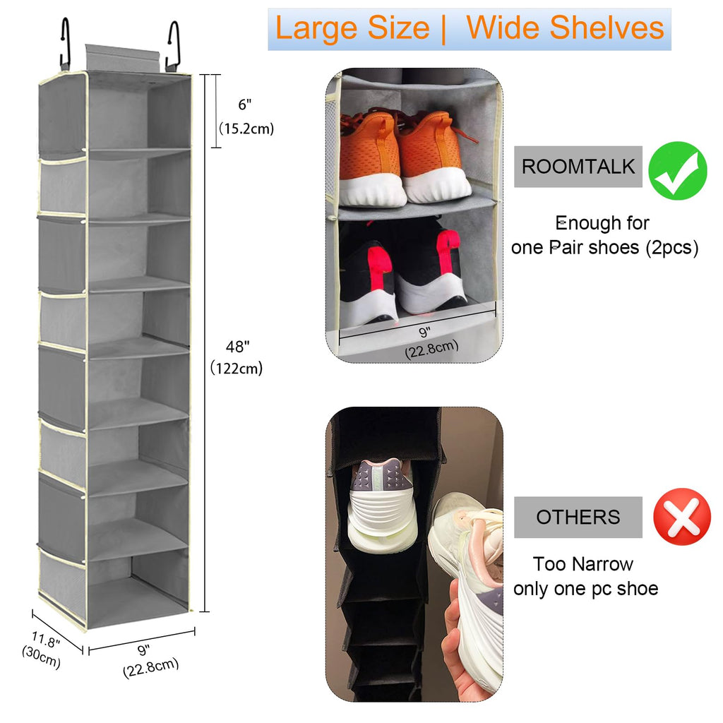 Large-Sized Hanging Shoe Organizer 8-Shelf, Hanging Closet Organizer with 8 Side Pockets, Wider Hanging Shelves for Storage Shoes Clothes 9" W × 11.8" D× 48" H, Beige.