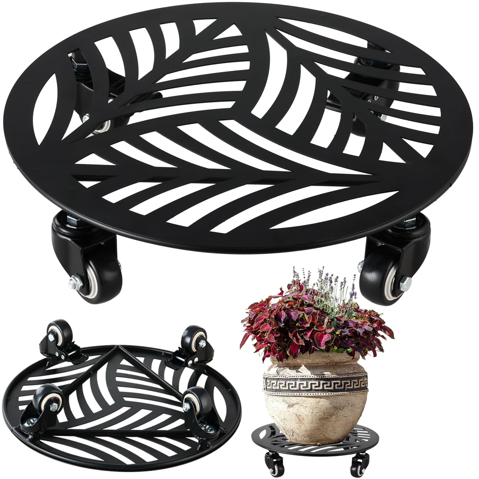 1 Pack 12 inches Large Metal Plant Caddy with 3 PU Metal Wheels Rolling Plant Stand with Casters Indoor Outdoor Wheeled Planter Roller Base Pot Movers Plant Dolly Coaster Trolley Black