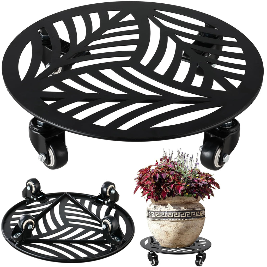 1 Pack 12 inches Large Metal Plant Caddy with 3 PU Metal Wheels Rolling Plant Stand with Casters Indoor Outdoor Wheeled Planter Roller Base Pot Movers Plant Dolly Coaster Trolley Black