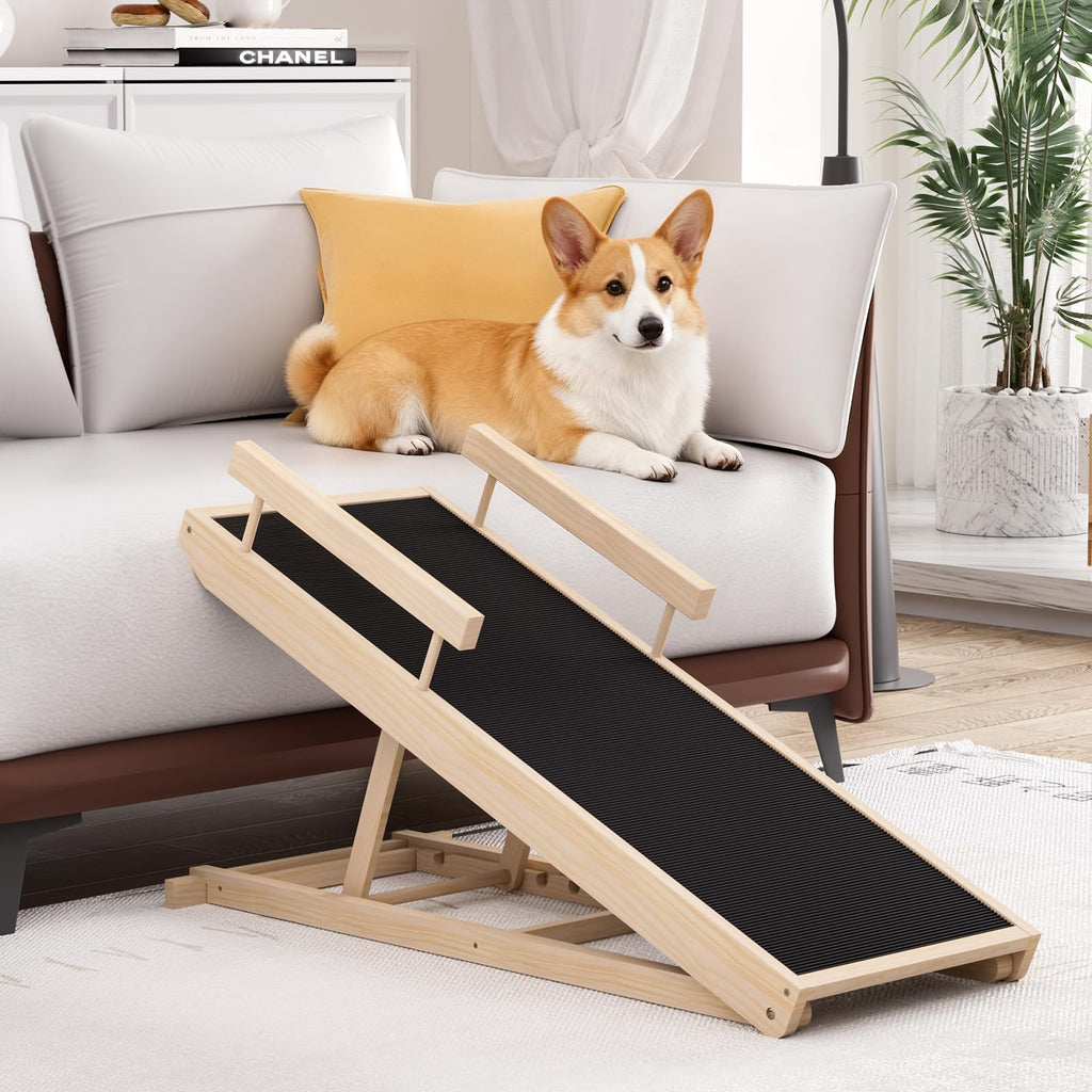 Dog Ramp for Couch, Wooden Pet Ramps 39.37" Long Adjustable 12"-20.47" Folding Puppy Ramps with Anti-Slip Rubber Mat, Dog Stairs for Small & Medium Older Dogs & Cats, up to 100lbs