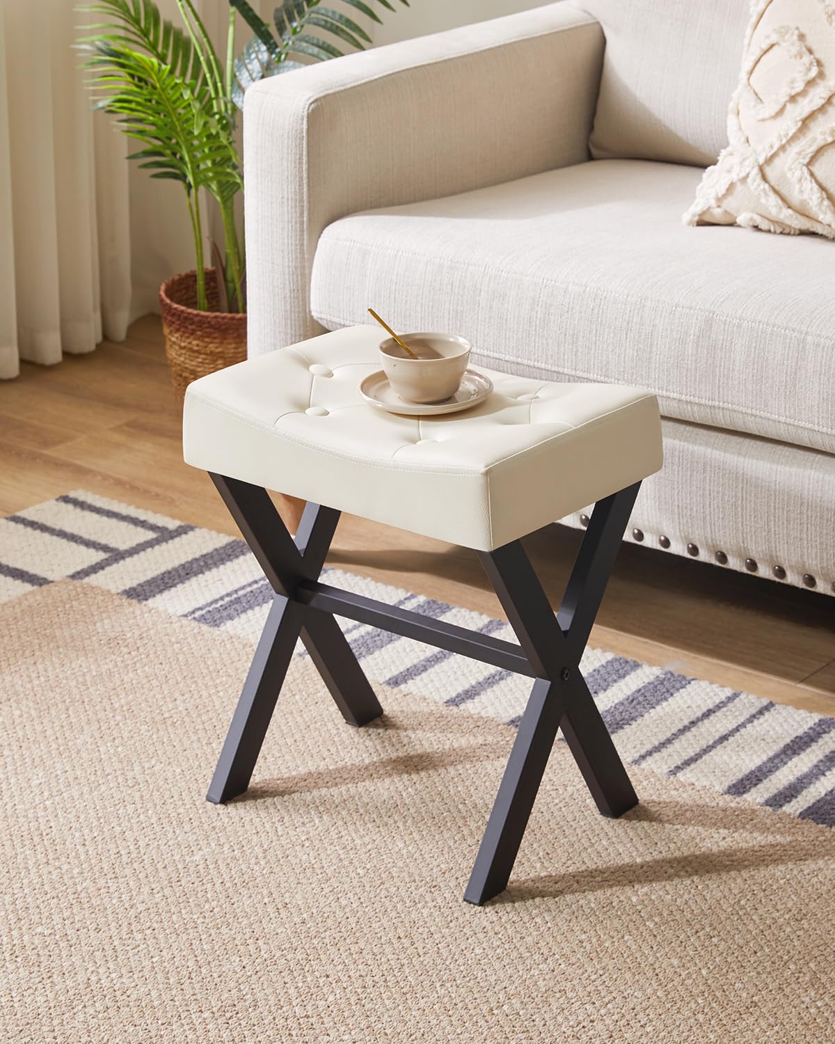 IBUYKE U-Shaped PU Vanity Stool, Square Makeup Chair with X-Leg, Ottoman Seat Footrest Stool, Multi-Use as Small Side Table, for Bedroom, Living Room, Black WBD019B