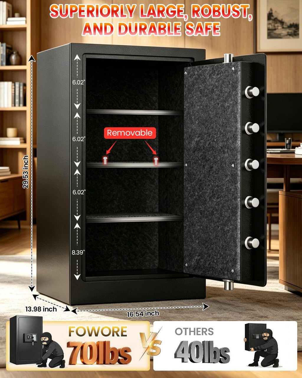 Home Safe Box, Safes with Fireproof Waterproof Bag, 9.84'' H Anti-Theft Digital Security Lock Box with Smart Alert System, Removable Shelf, Mute Function, Document Safes for Jewelry