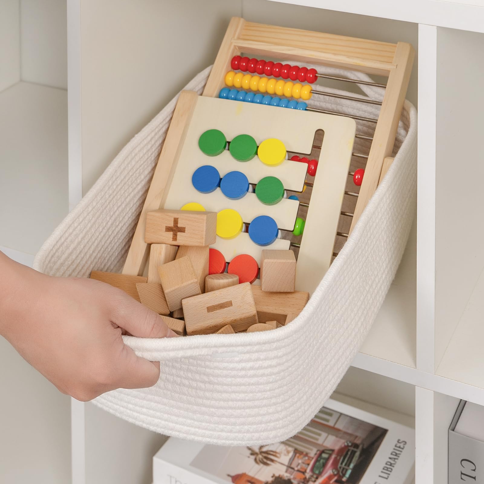 CubesLand Rectangular Cotton Rope Basket, 14x10x5 Inches, Beige, Nursery Storage Bin