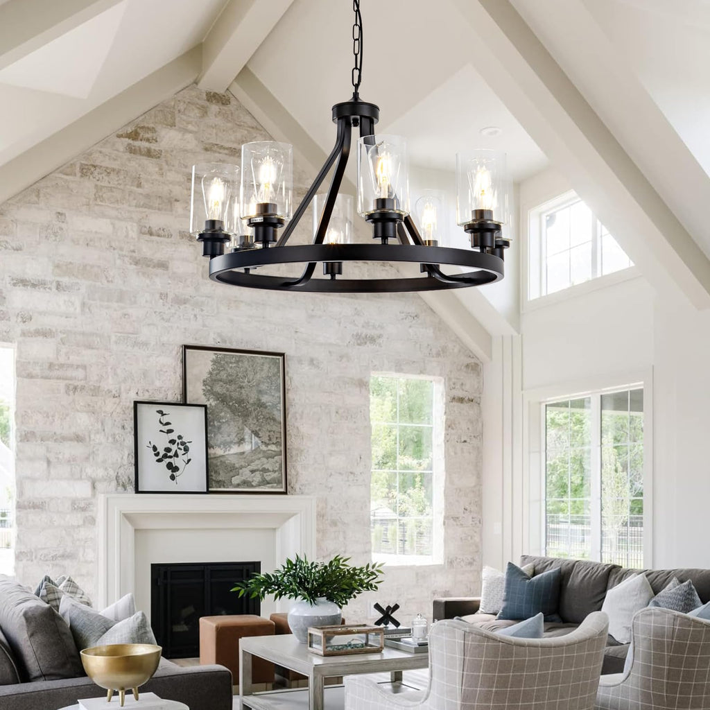 Lanhall 6-Light Modern Dining Room Light Fixture Brushed Nickel Kitchen Chandelier Ceiling Hanging Pendant Lighting with Glass Shade for Living Room Bedroom Entryway Adjustable Height Metal E26