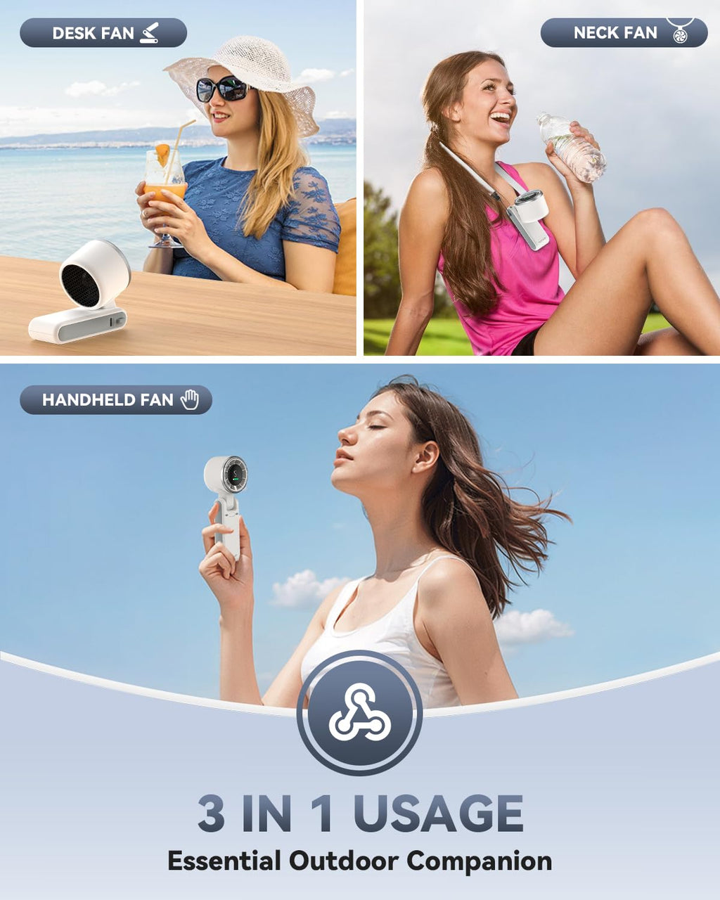 PlayHot Portable Handheld Turbo Fan, 5 Gear Wind, USB-C Rechargeable Fan, Up to 12 Working Hours, 3 IN 1 Hand Fans with Air Turbo Tech Cooling Fan for Outdoor Activities, Travel, Beach (Black)