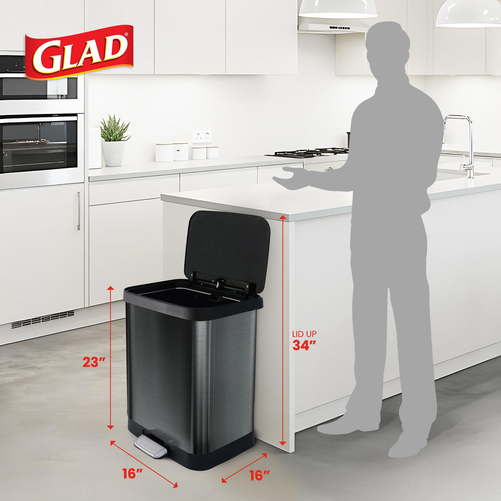 Glad 13 Gallon All Brushed Stainless Steel Trash Can with Clorox Odor Protection | Large Metal Kitchen Garbage Bin with Soft Close Lid, Garbage Bag Rings, Step On Foot Pedal and Waste Bag Roll Holder