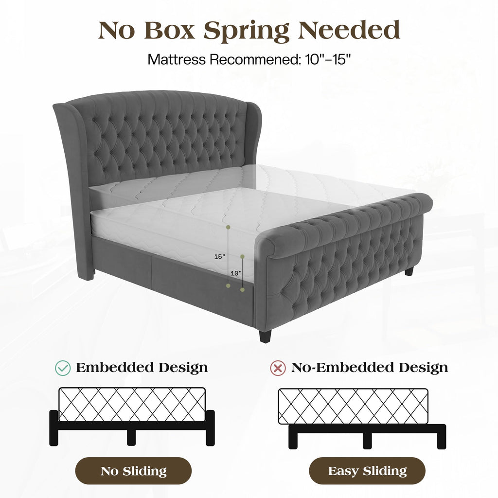 LUXOAK Queen Size Platform Bed Frame, Velvet Upholstered Sleigh Bed with Curved Headboard & Footboard, Deep Button Tufted, Wood Slats Support, No Box Spring Needed, Black