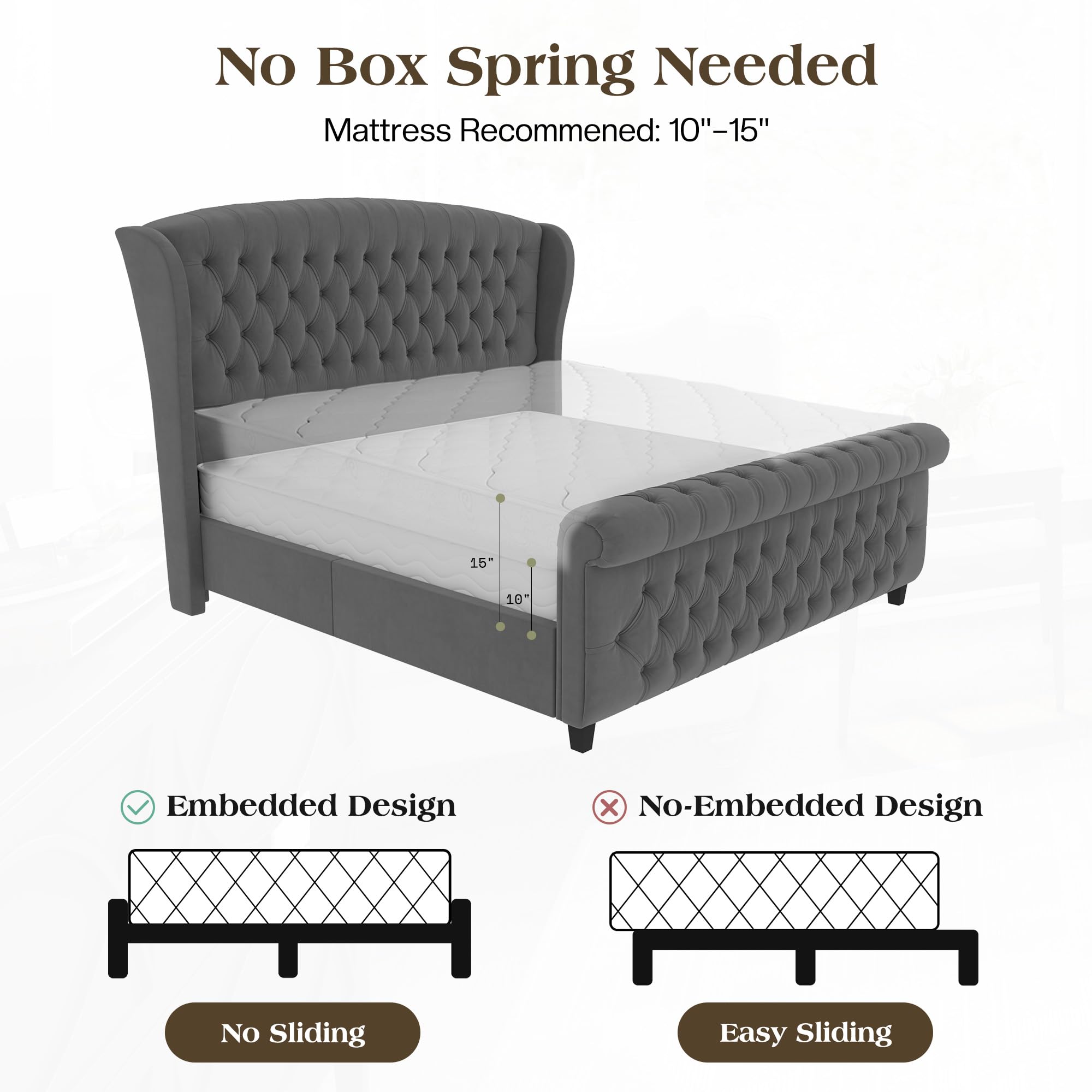 LUXOAK Queen Size Platform Bed Frame, Velvet Upholstered Sleigh Bed with Curved Headboard & Footboard, Deep Button Tufted, Wood Slats Support, No Box Spring Needed, Black