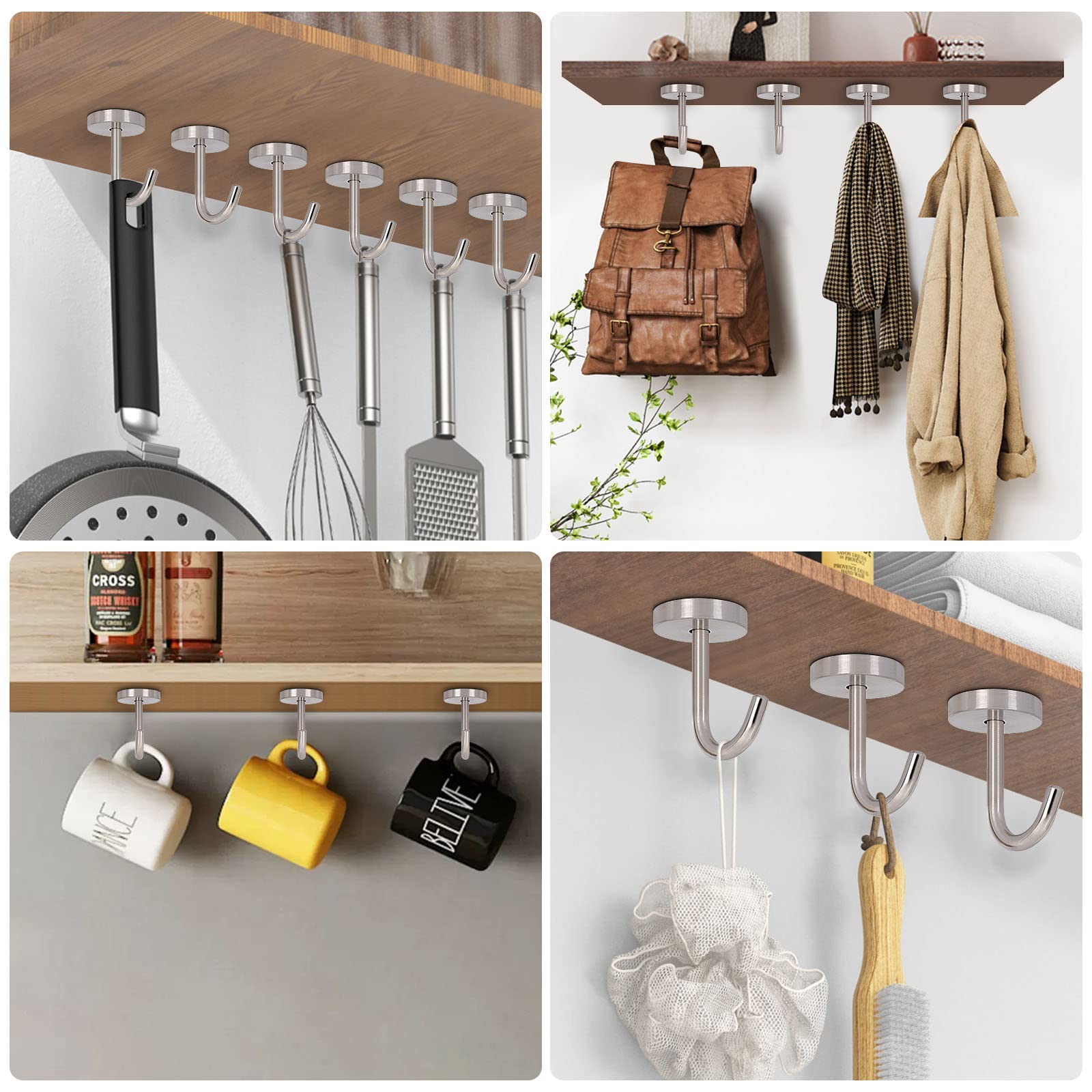 NearMoon Coat Hooks, Wall Mount Hooks for Hanging Hat Hurse Robe, 304 Stainless Steel Heavy Duty Towel Hangers for Bathroom Livingroom Kitchen-Ceiling Hook, 6 Pack (2 Inch, Brushed Nickel)