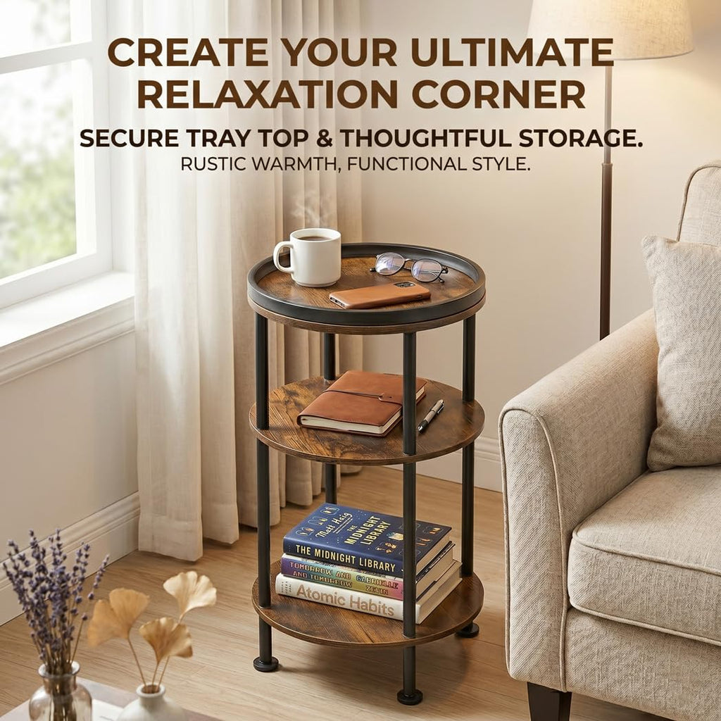 Small Round Side Table with Charging Station for Small Spaces, 3-Tier Accent Table with USB Ports & Power Outlets, Sofa Corner Tea Table for Living Room Nightstand Bedroom Apartment (Black)