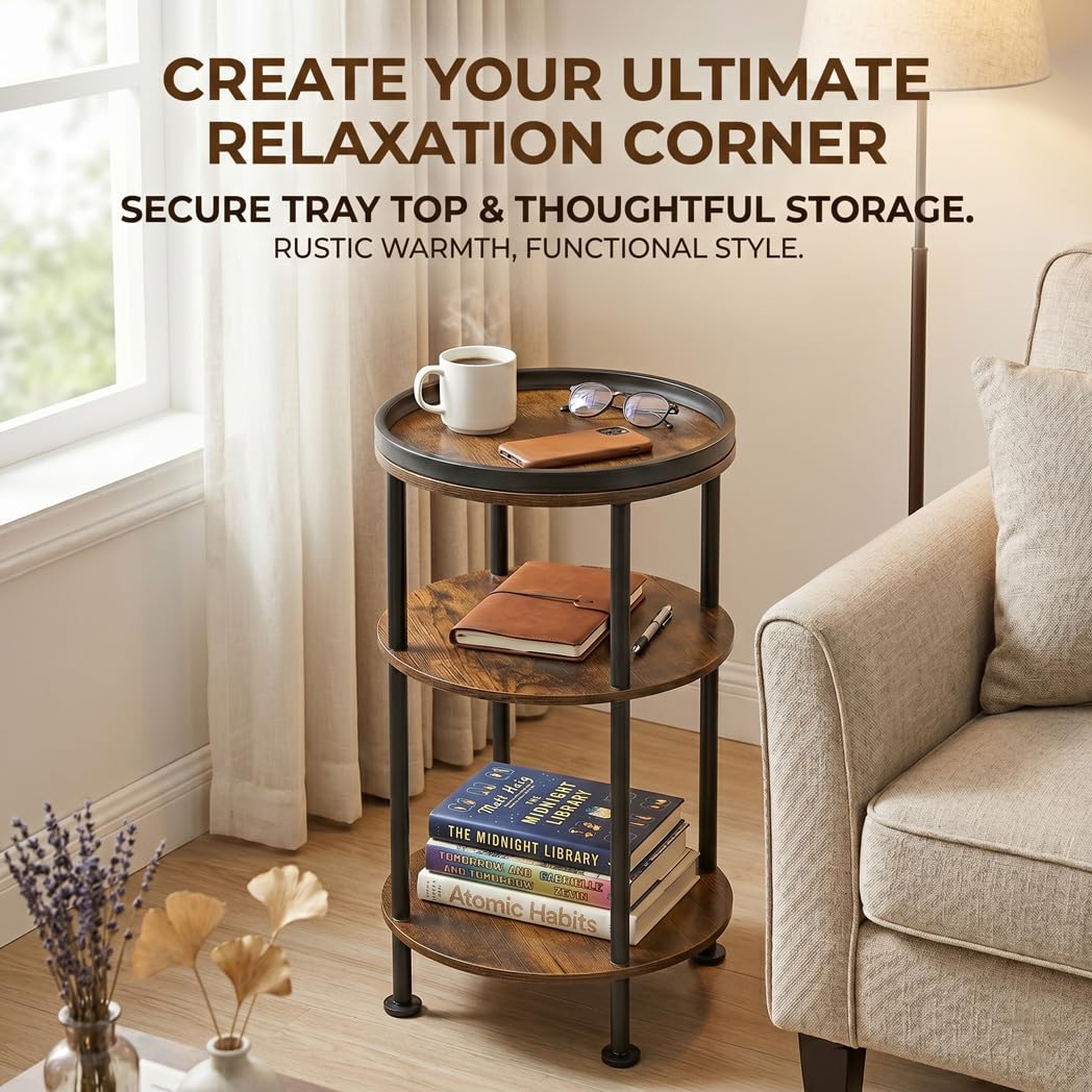 Small Round Side Table with Charging Station for Small Spaces, 3-Tier Accent Table with USB Ports & Power Outlets, Sofa Corner Tea Table for Living Room Nightstand Bedroom Apartment (Black)