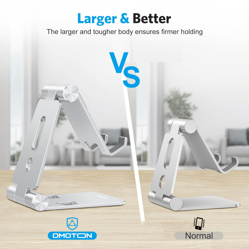 OMOTON Foldable Cell Phone Stand, C4 Portable Aluminum Phone Holder, Adjustable Phone Dock Cradle for iPhone 17/16/15 Pro Max Air, Small Tablets, All Smart Phones for Women Men Gift, Silver