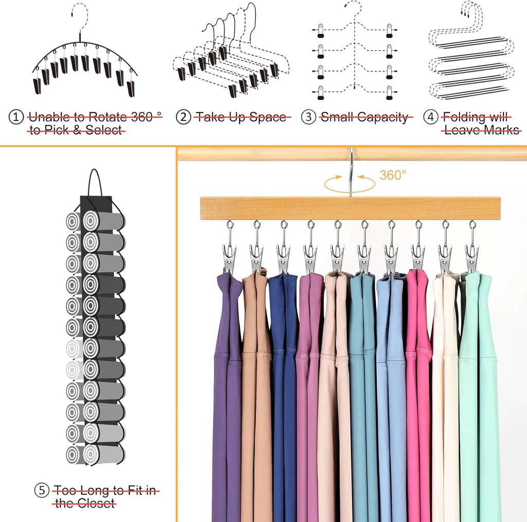 Legging Organizer for Closet, Pants Hangers with Clips Holds 20 Leggings, Jeans, Hats, Shorts, Socks, 360° Rotating Space Saving Hanging Lightweight Garment Hanger Storage 2Pcs