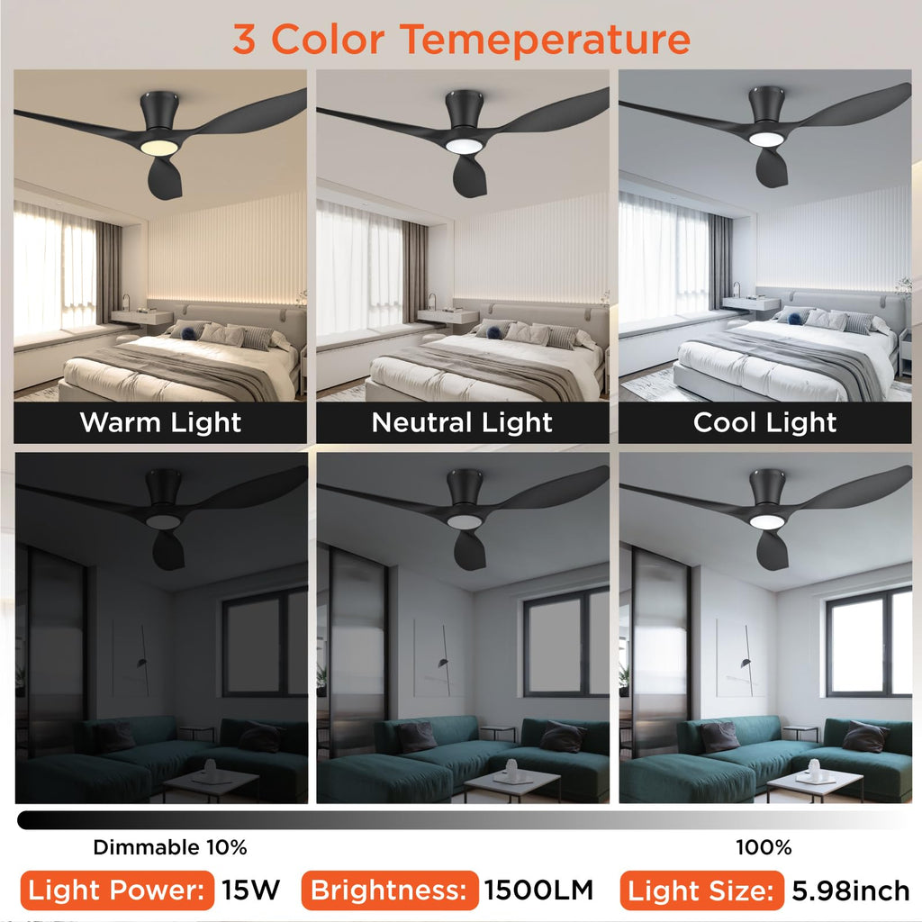 TALOYA Ceiling Fans with Lights,42 inch Modern Low Profile Ceiling Fan with Light and Remote Control, Flush Mount, 3CCT, White Ceiling Fan for Bedroom Living Room and Patio