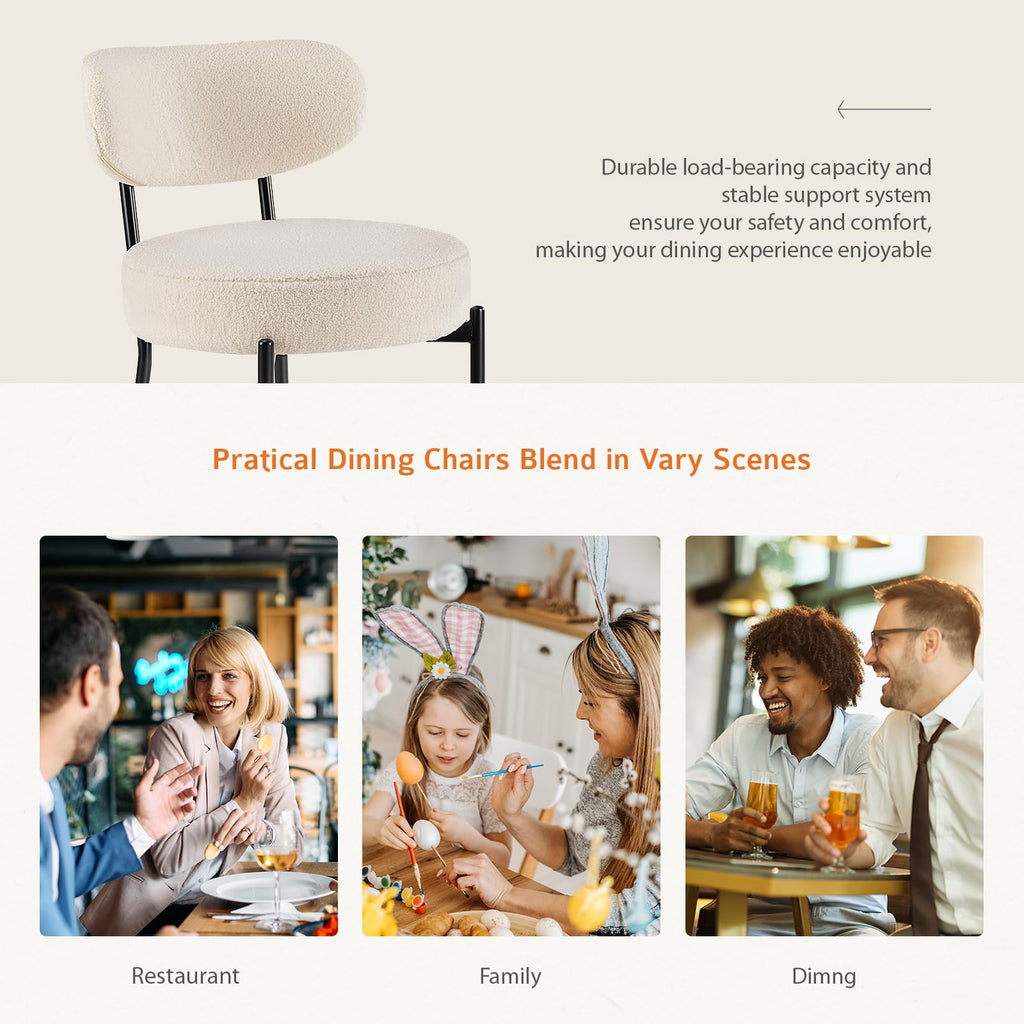 Sweetcrispy Dining Chairs Set of 2, Boucle Upholstered Modern Mid Century Round Kitchen Chairs with Curved Backrest & Metal Legs for Vanity, Living Room - Beige