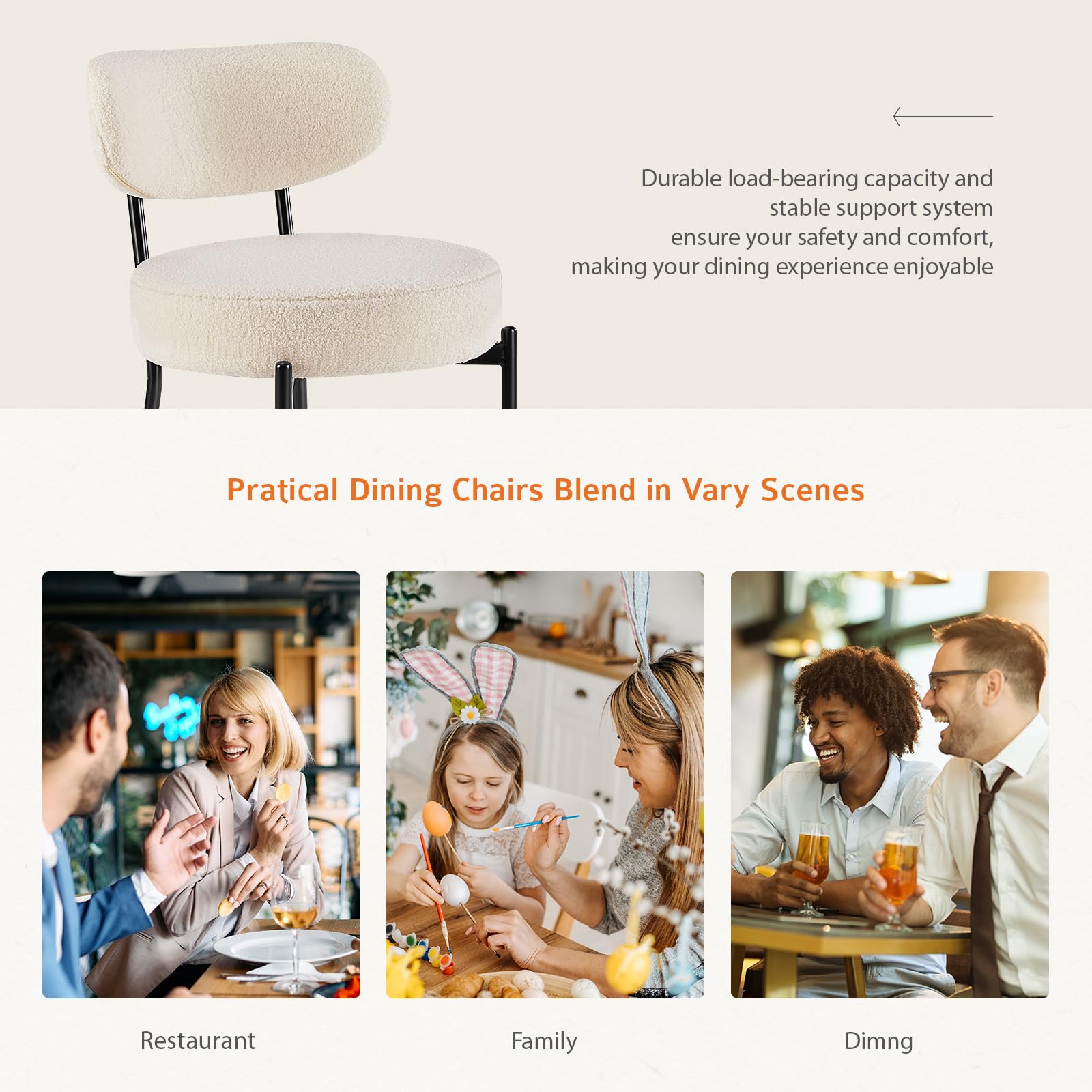 Sweetcrispy Dining Chairs Set of 2, Boucle Upholstered Modern Mid Century Round Kitchen Chairs with Curved Backrest & Metal Legs for Vanity, Living Room - Beige