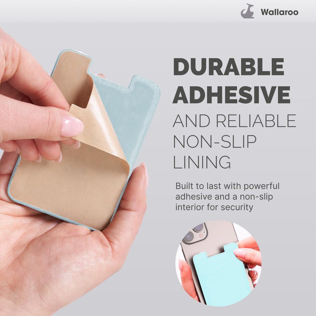 Wallaroo Premium Leather Cell Phone Wallet Stick On - Android and iPhone Wallet and Card Holder for Women and Men - Durable with Non-Slip Lining Secures Up to 3 Cards