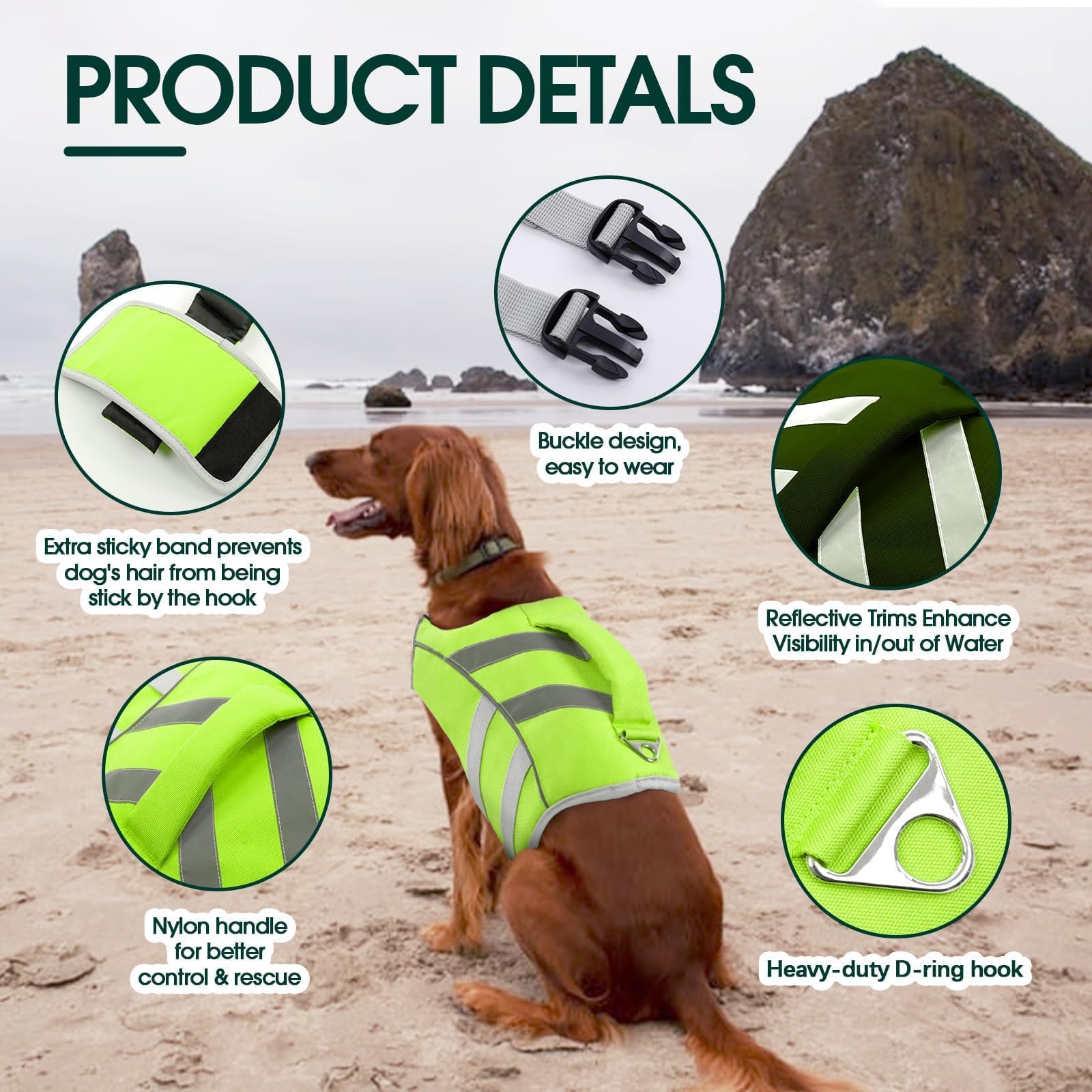 Kuoser Dog Life Jacket with Reflective Stripes, Dog Life Vest for Swimming Boating, Adjustable Pet Lifejackets with High Flotation, Doggie Swimsuit for Small Medium Large Dogs