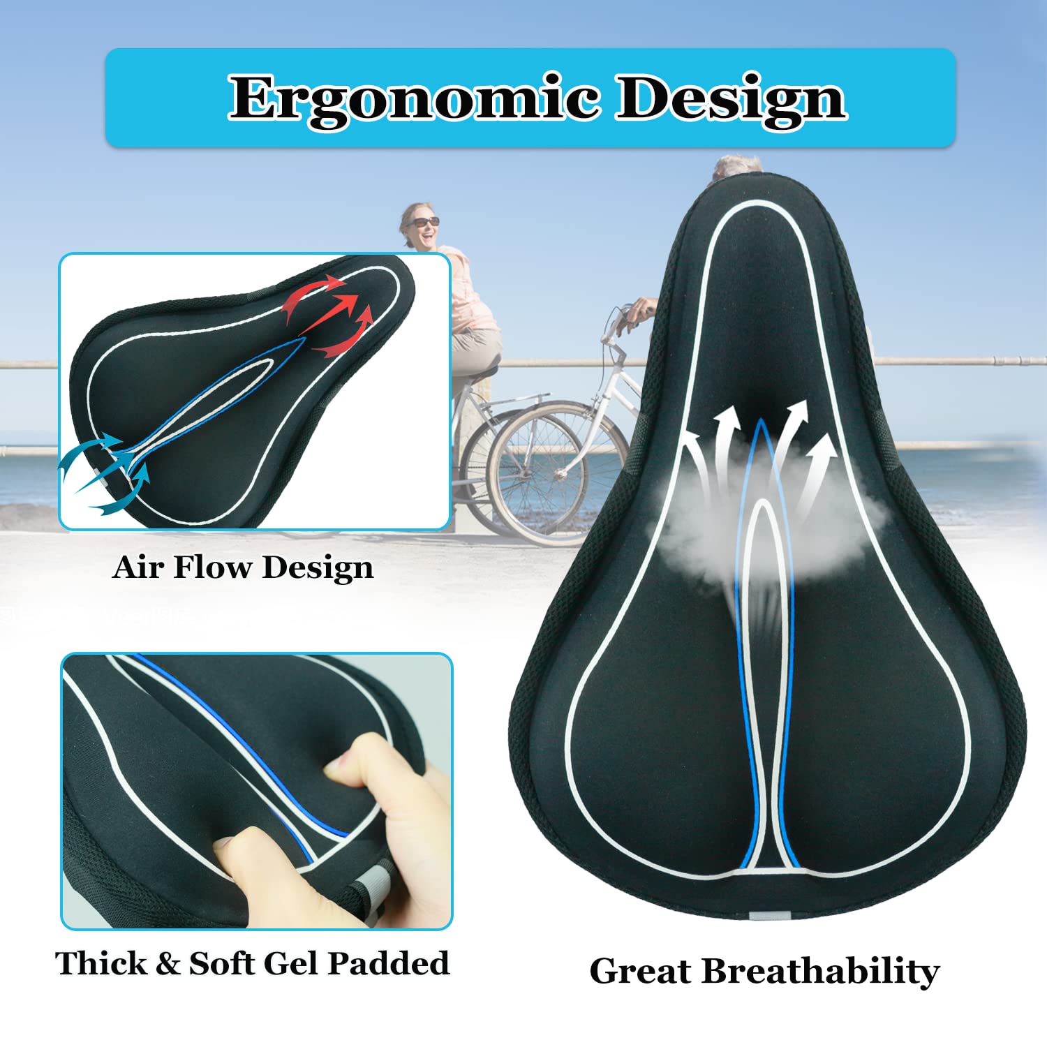 Geronmine Gel Bike Seat Cover Padded Bicycle Saddle Covers for Women & Men, Most Comfortable Exercise Bike Seat Cushion Cover, Soft for Spin Indoor Outdoor Cycling Class Mountain Stationary Bikes