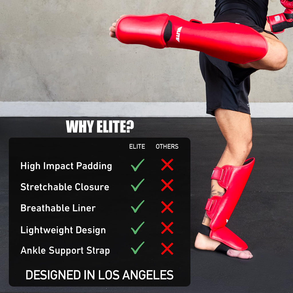 Elite Sports Muay Thai Shin Guards Kickboxing MMA Muay Thai Leg Instep Protective Pads, Martial Art Kicking Sparring Training Gear for BJJ Karate Boxing Taekwondo