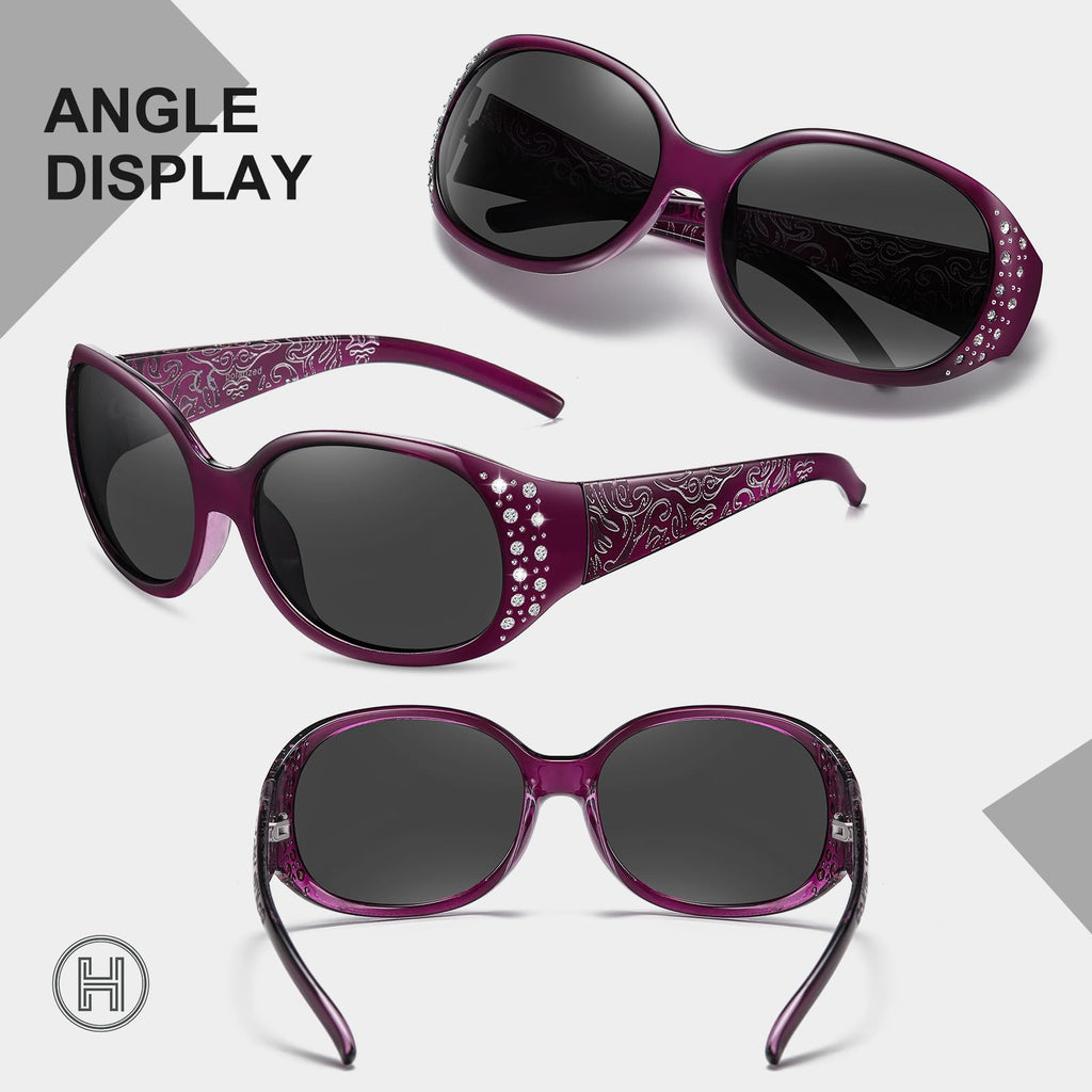 HAOLOTA Polarized Sunglasses for Women, Rhinestone Wrap Around Sunglasses with UV400 Protection
