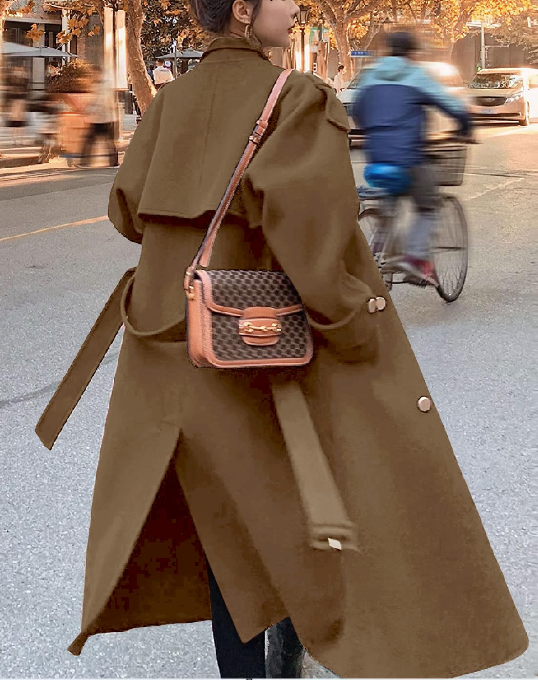 chouyatou Women's Winter Double Breasted Midi Long Wool Pea Coat Notch Lapel Winter Trench Coat