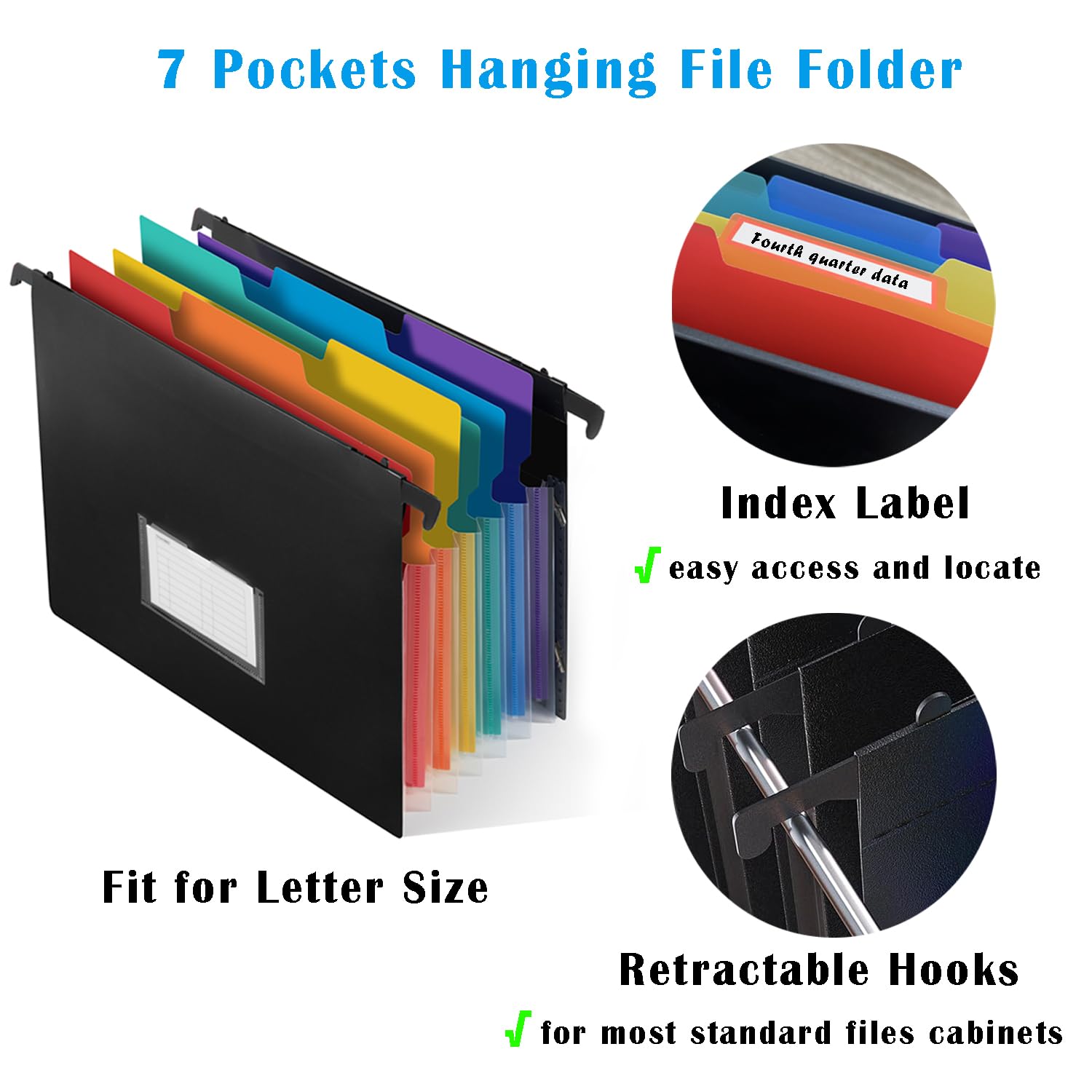 7-Pockets Hanging File Folder with Retractable Hooks for Filing Cabinet, 2 in 1 Expandable Accordion File Organizer with Elastic Band for File Frame or On-The-Go Use (1 Pcs)