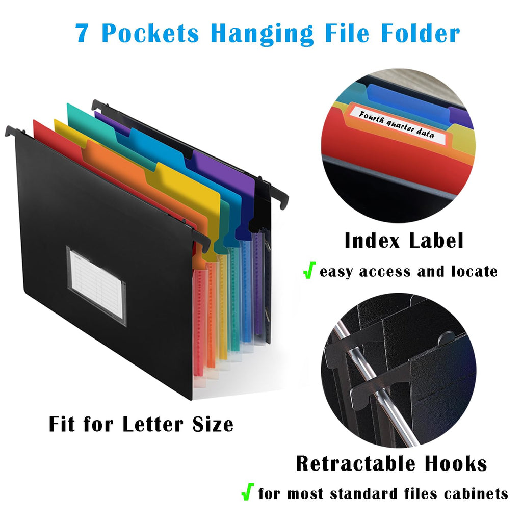 7-Pockets Hanging File Folder with Retractable Hooks for Filing Cabinet, 2 in 1 Expandable Accordion File Organizer with Elastic Band for File Frame or On-The-Go Use (1 Pcs)
