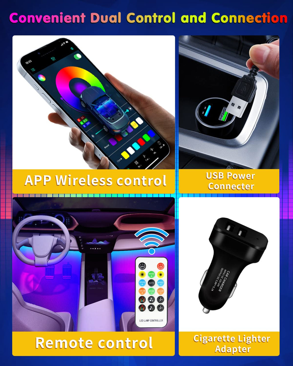 RGB Interior Car Strip Lights with Smart APP Control, Music Sync Under Dash Footwell Neon Internal Lighting Kit 2 Lines Design,12V LED Strip Lights for Cars, Trucks, SUVs with Car Charger(1 Set)