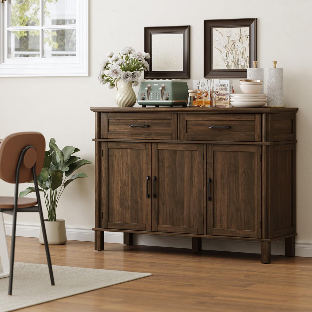 ONBRILL 48 Inches Buffet Cabinet with Storage, Farmhouse Sideboard Buffet w/2 Drawers and 3 Doors, Wood Coffee Bar Cabinet with Adjustable Shelves, Sideboard Storage for Kitchen, Living Room, Black