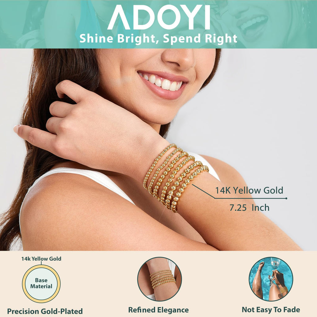 adoyi Gold Bracelets for Women Waterproof, 14K Gold Plated Beaded Strand Bead Ball Bracelets stack Adjustable Jewelry Set for Gifts