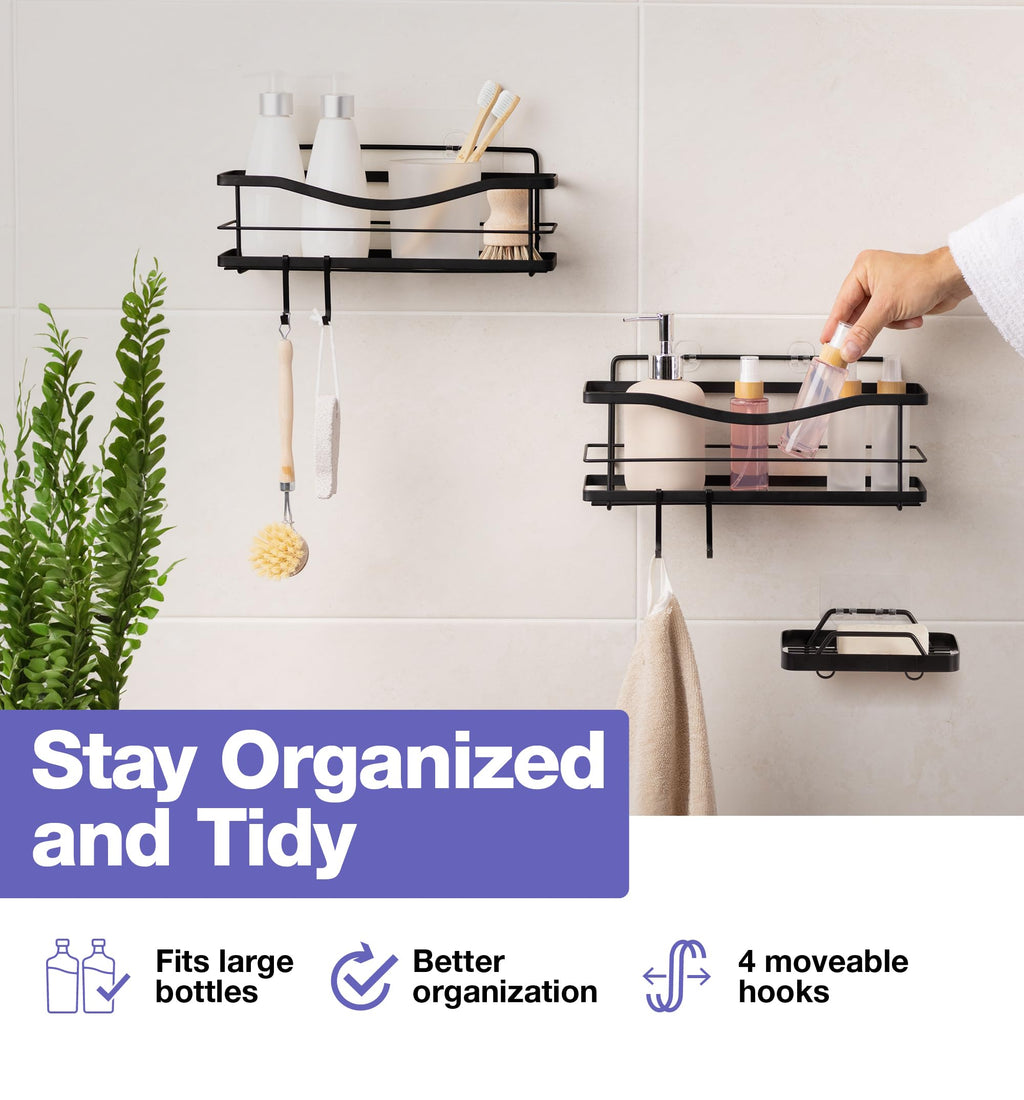 KINCMAX Premium Shower Caddy, Self Adhesive Shower Organizer w/ 4 Hooks, No Drill Shelves for Inside Shower, Rustproof Stainless Steel Shower Rack for Bathroom, Matte Black