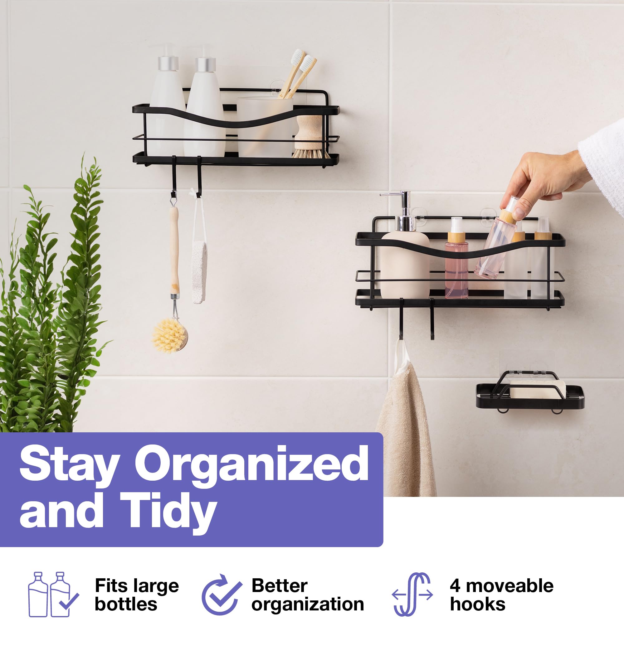 KINCMAX Premium Shower Caddy, Self Adhesive Shower Organizer w/ 4 Hooks, No Drill Shelves for Inside Shower, Rustproof Stainless Steel Shower Rack for Bathroom, Matte Black
