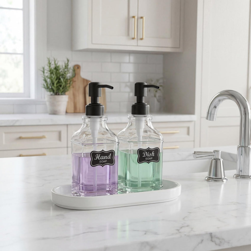 JASAI Antique Design Soap Dispenser with Rust Proof 304 Stainless Steel Pump, Refillable Glass Soap Dispenser with 10Pcs Clear Stickers, Premium Kitchen & Bathroom Soap Dispenser
