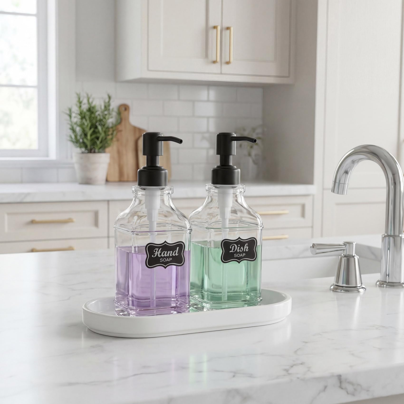 JASAI Antique Design Soap Dispenser with Rust Proof 304 Stainless Steel Pump, Refillable Glass Soap Dispenser with 10Pcs Clear Stickers, Premium Kitchen & Bathroom Soap Dispenser
