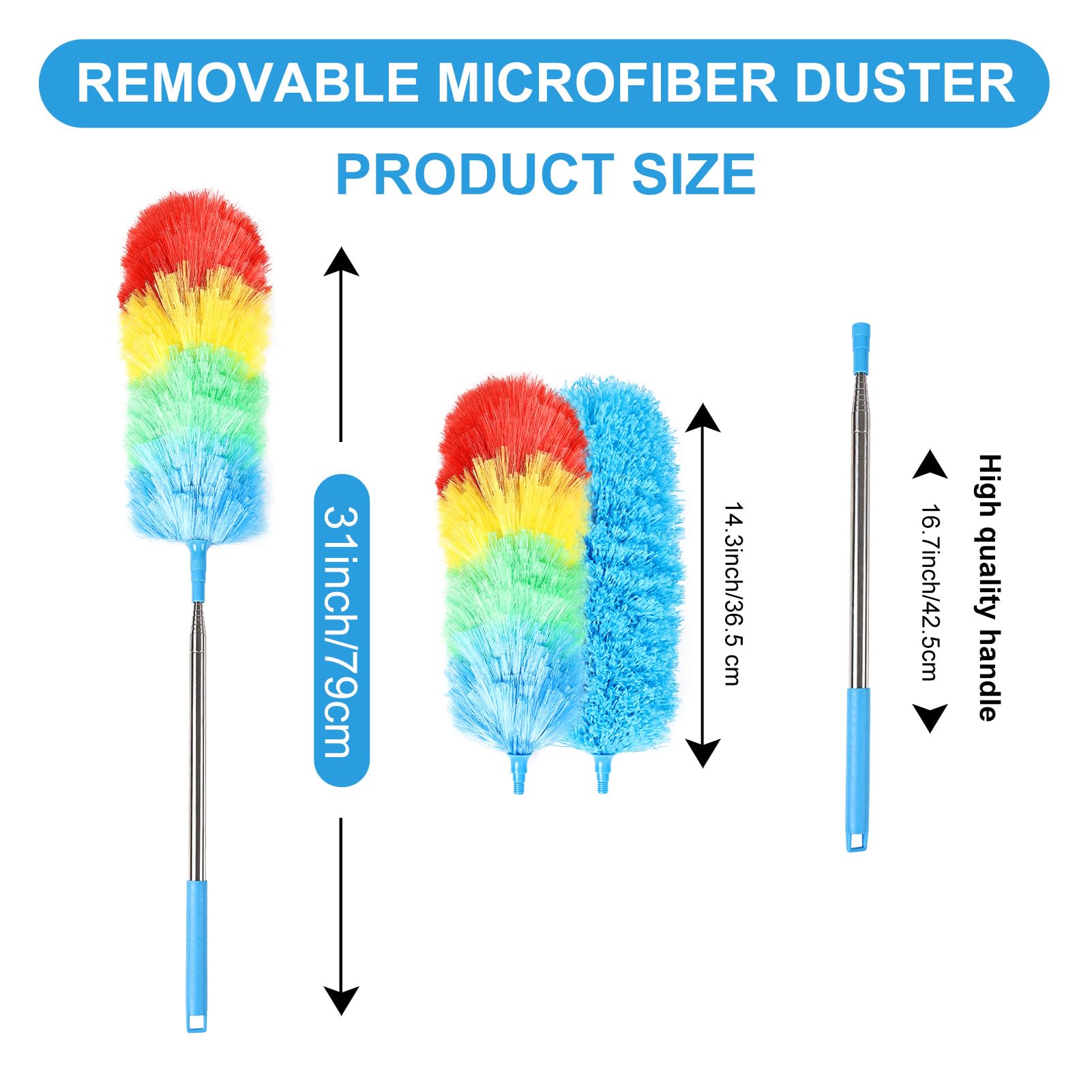 Ceiling Fan Cleaner Duster Reusable Microfiber Removable Duster with Extension Pole Adjusts 12 to 71 Inch for Cleaning Walls Bookshelves Furniture Door Window Top (Blue)