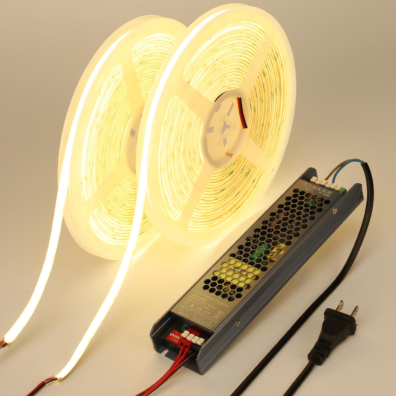 BENLUN 24V COB LED Strip Light 65.6ft (2 Rolls of 32.8ft) Kit, 3000K Warm White Cuttable 11W/M 312LEDs/M CRI 93 LED Tape Lights with Power Supply for Bedroom Kitchen Living Room Ceiling