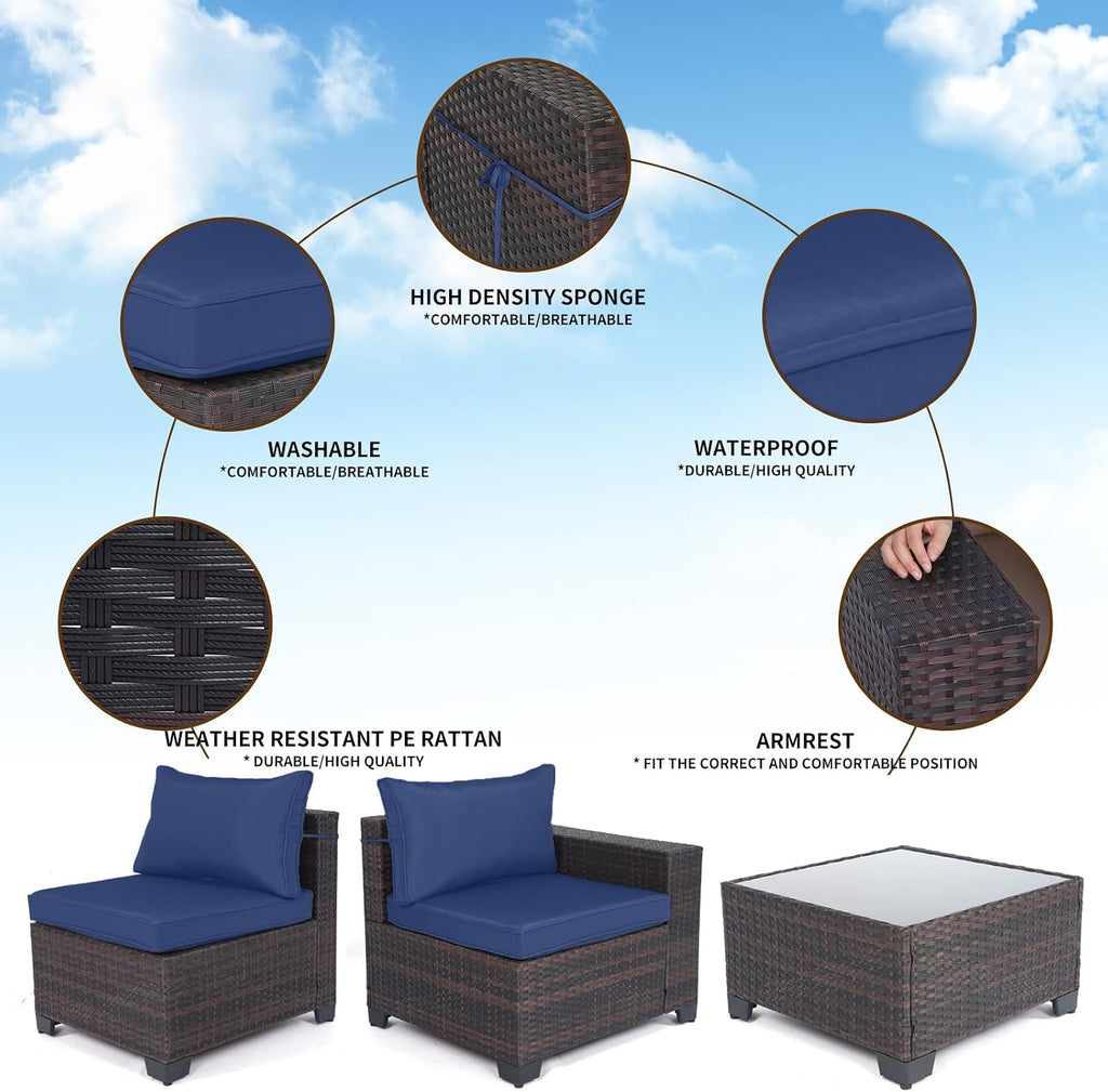 LEVELEVE 7 Pieces Outdoor Patio Furniture Sets,Rattan Conversation Sectional Set,Manual Weaving Wicker Patio Sofa with Tea Table