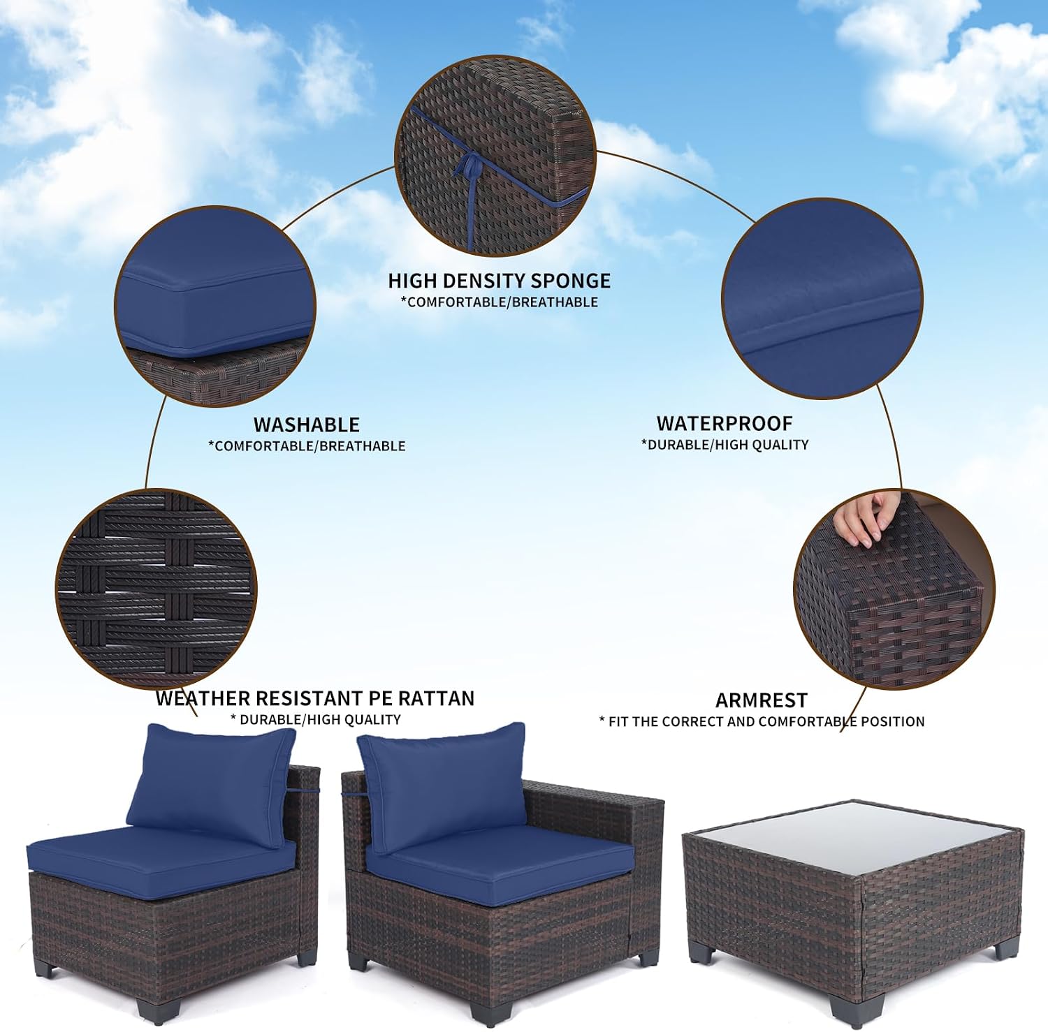 LEVELEVE 7 Pieces Outdoor Patio Furniture Sets,Rattan Conversation Sectional Set,Manual Weaving Wicker Patio Sofa with Tea Table