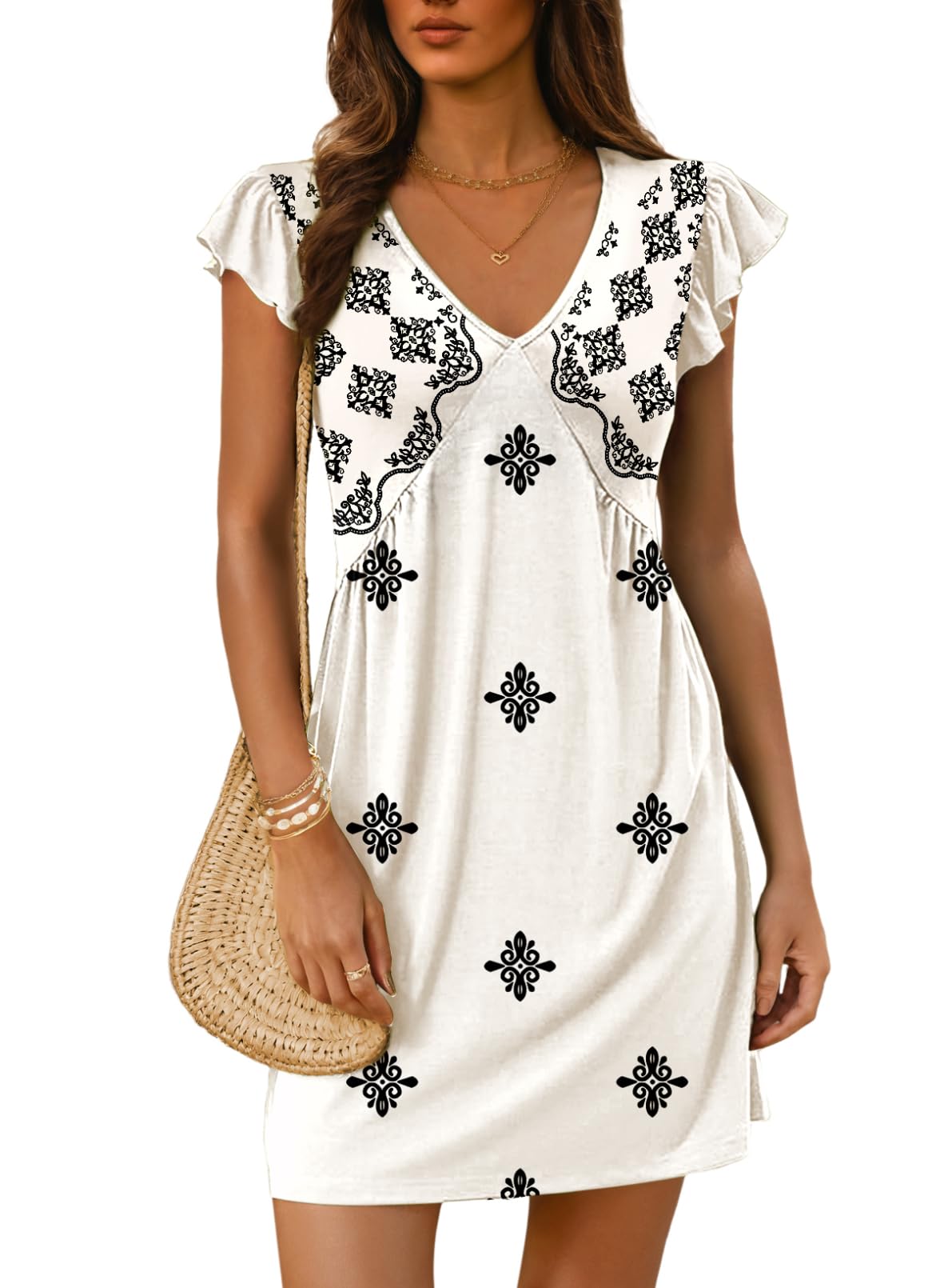 Dokotoo Women's Summer Dresses Beach 2026 Casual Deep V Neck Loose Sundress Ruffle Sleeve Mini Dress