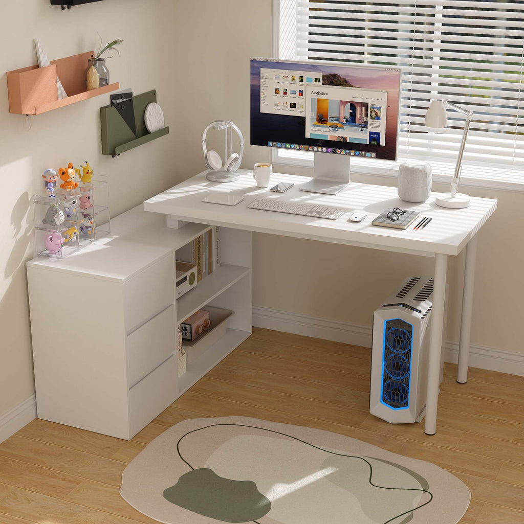 Bobve L Shaped Computer Desk, 47 Inch Home Office Desk with File Drawers & Storage Shelves, Small Corner Computer Desk for Small Space (Black + White)