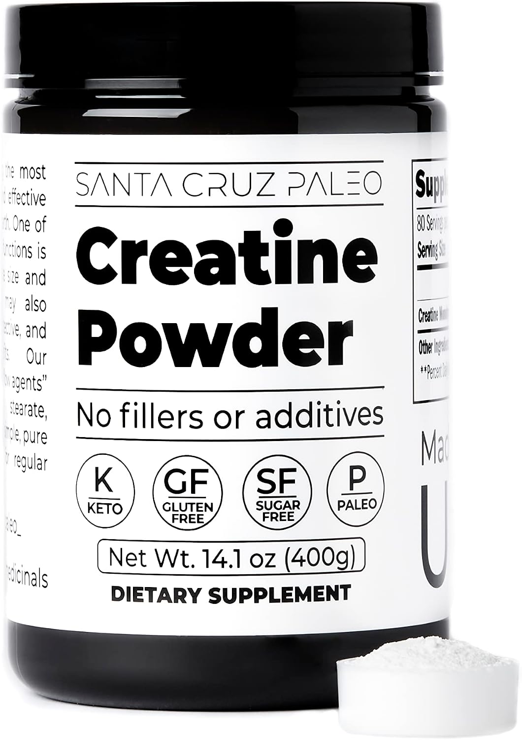 Santa Cruz Paleo, Creatine Monohydrate Powder Micronized, Unflavored Pre Workout and Muscle Support Supplement, Gluten Free Keto, Mix with Water or Shakes, No Fillers or Additives, 80 Servings, 400g