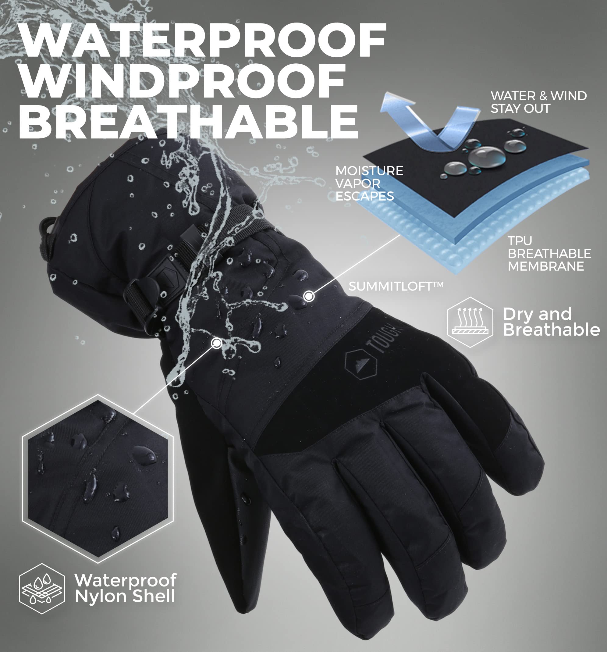 Tough Outdoors Waterproof Gloves Women - Ski Gloves Men - Warm for Winter Cold Weather Snow & Snowboarding - Men's Women's